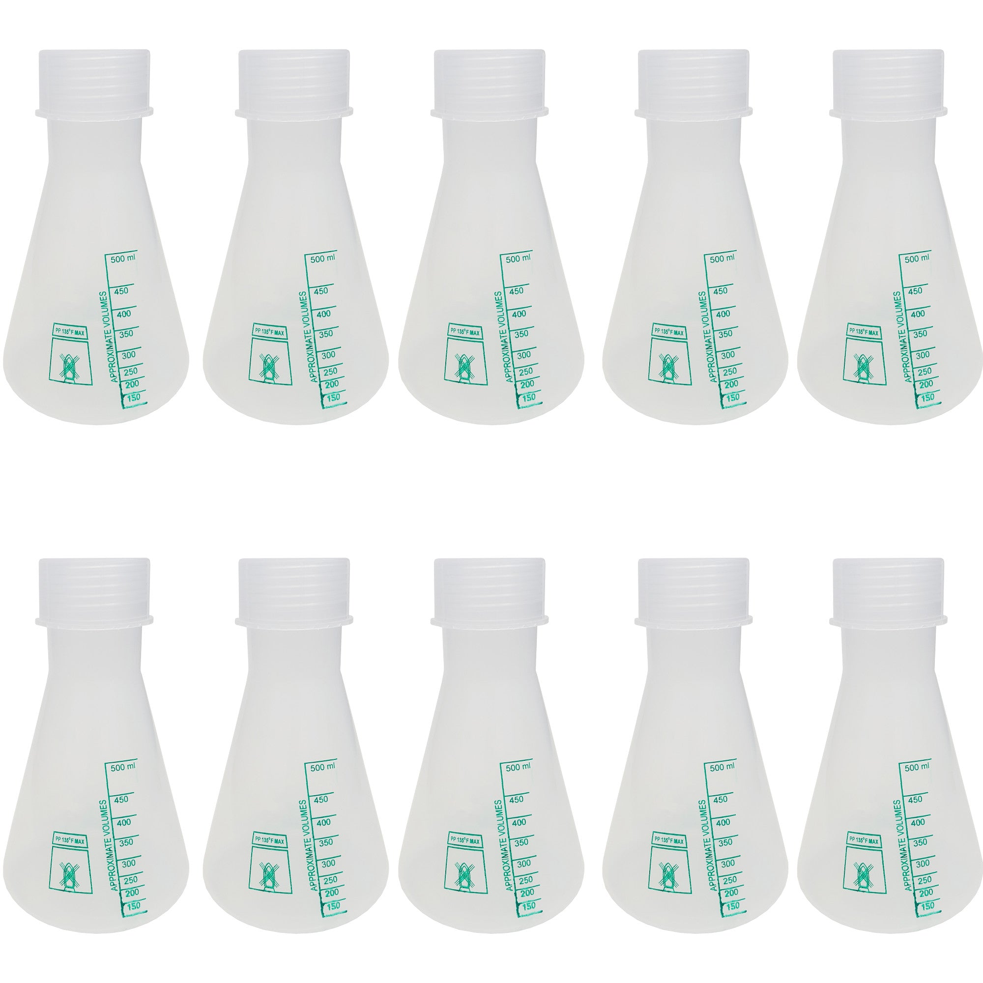Erlenmeyer Flask Polypropylene, 500ml capacity, with screw cap and graduations up to 500ml x 50ml. Sold in a pack of 10 Erlenmeyer Flasks.