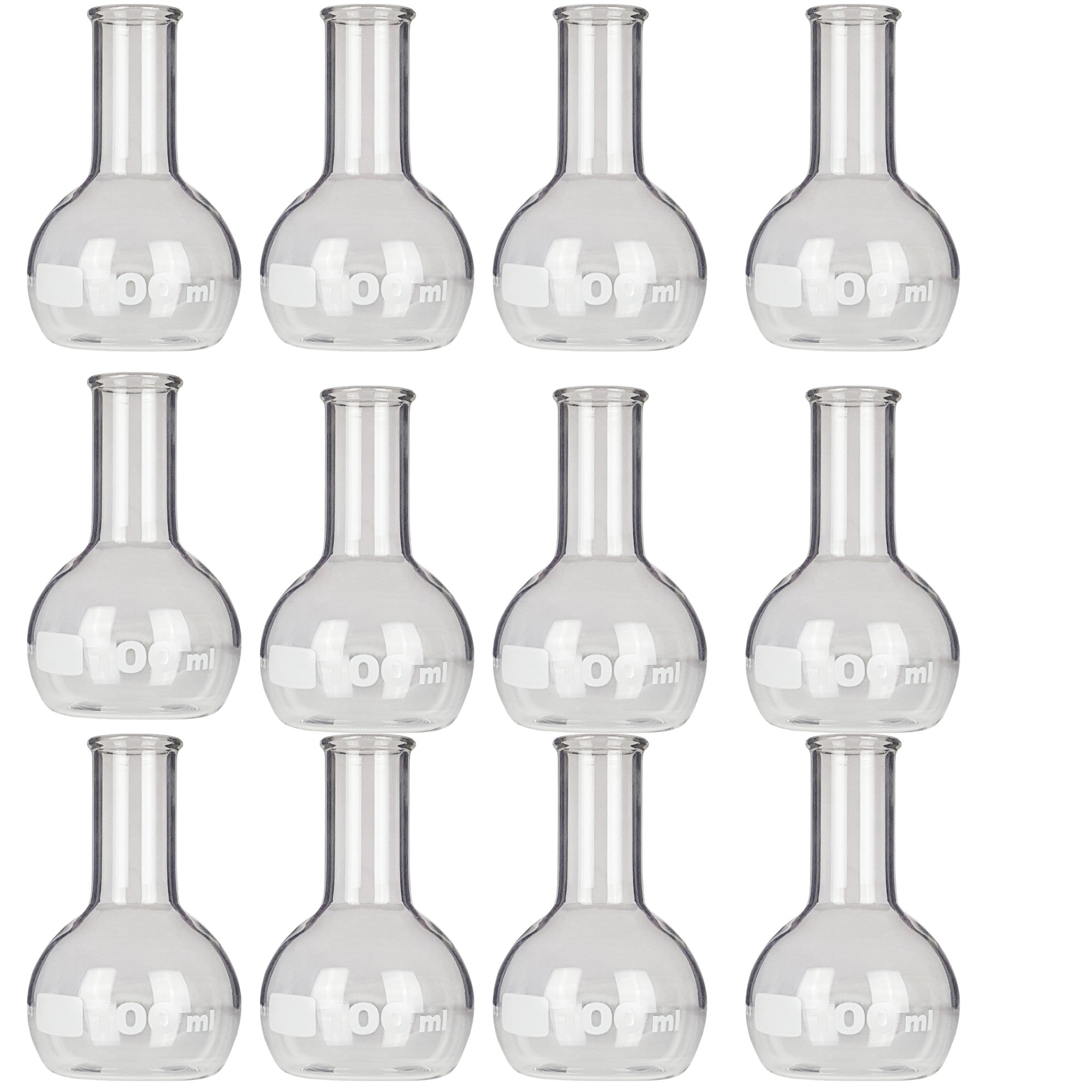 Flask Flat-Bottom Florence Boiling Flask, Standard Neck, 100ml capacity. Made from Borosilicate Glass. A good fit for any laboratory, science classroom, or homeschool. Pack of 12