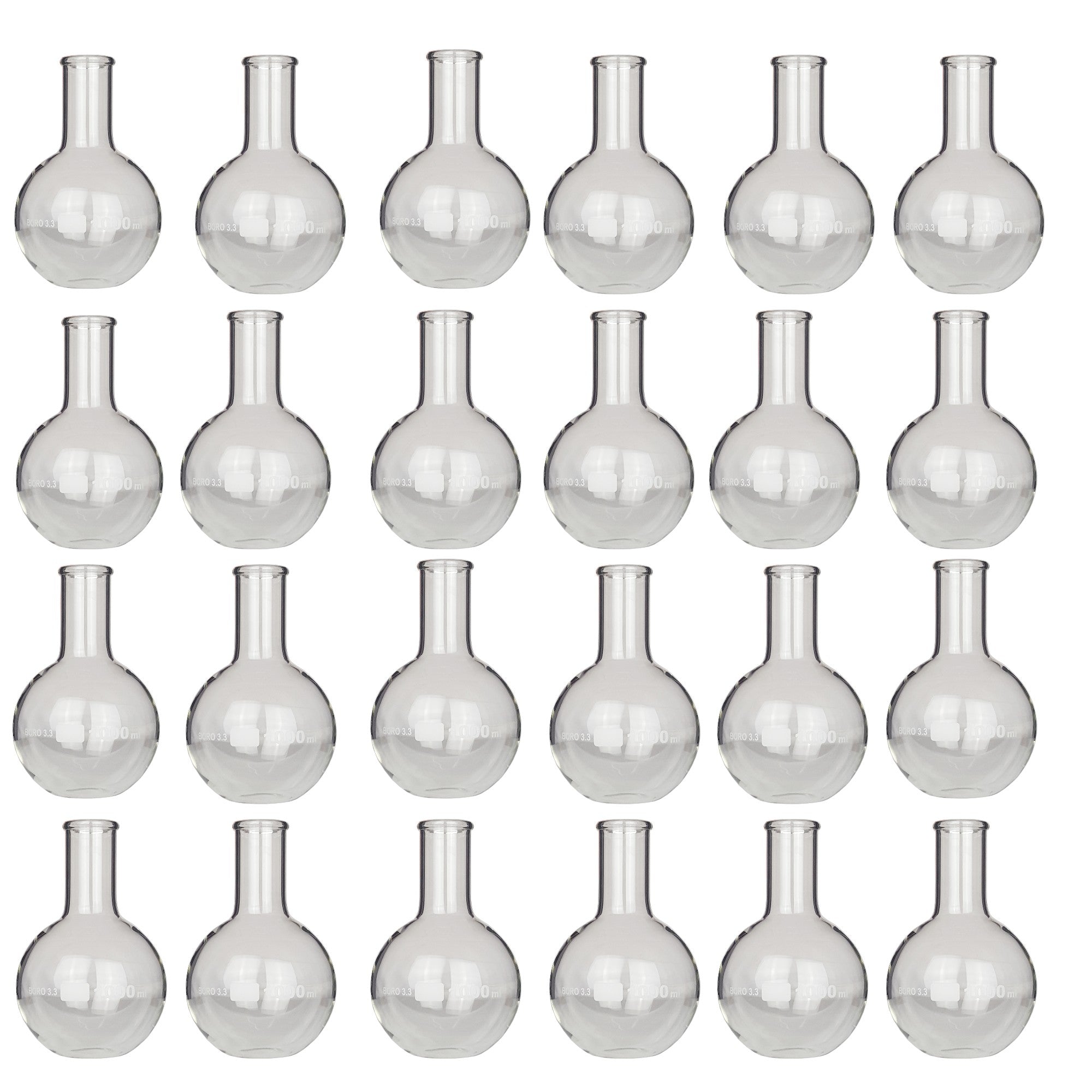 Flask Flat-Bottom Florence Boiling Flask, Standard Neck, 1000ml capacity. Made from Borosilicate Glass. A good fit for any laboratory, science classroom, or homeschool. Sold in a case of 24 flasks.