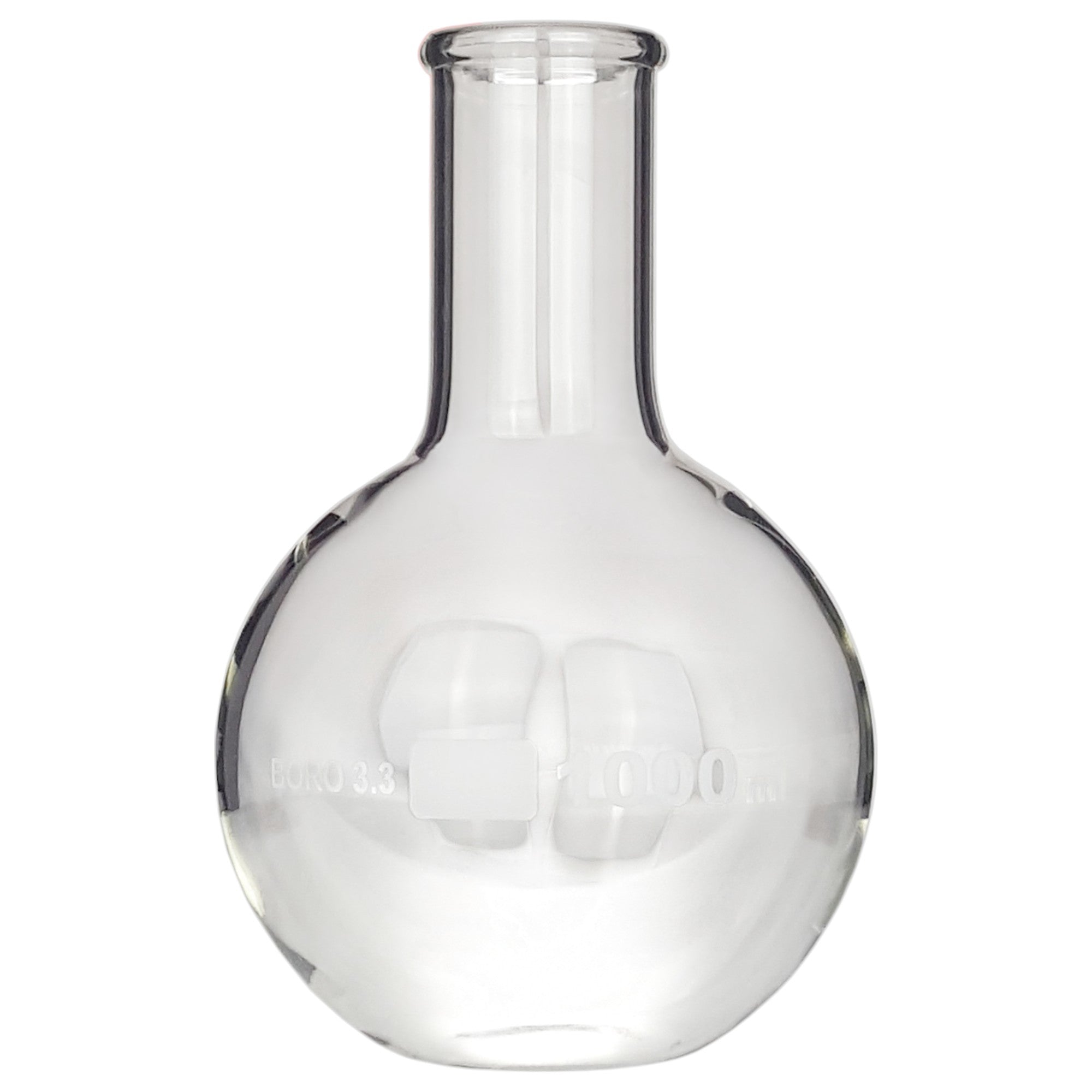 Flask, Flat-Bottom Florence Boiling Flask, Standard Neck, 1000ml capacity. Made from Borosilicate Glass. A good fit for any laboratory, science classroom, or homeschool.