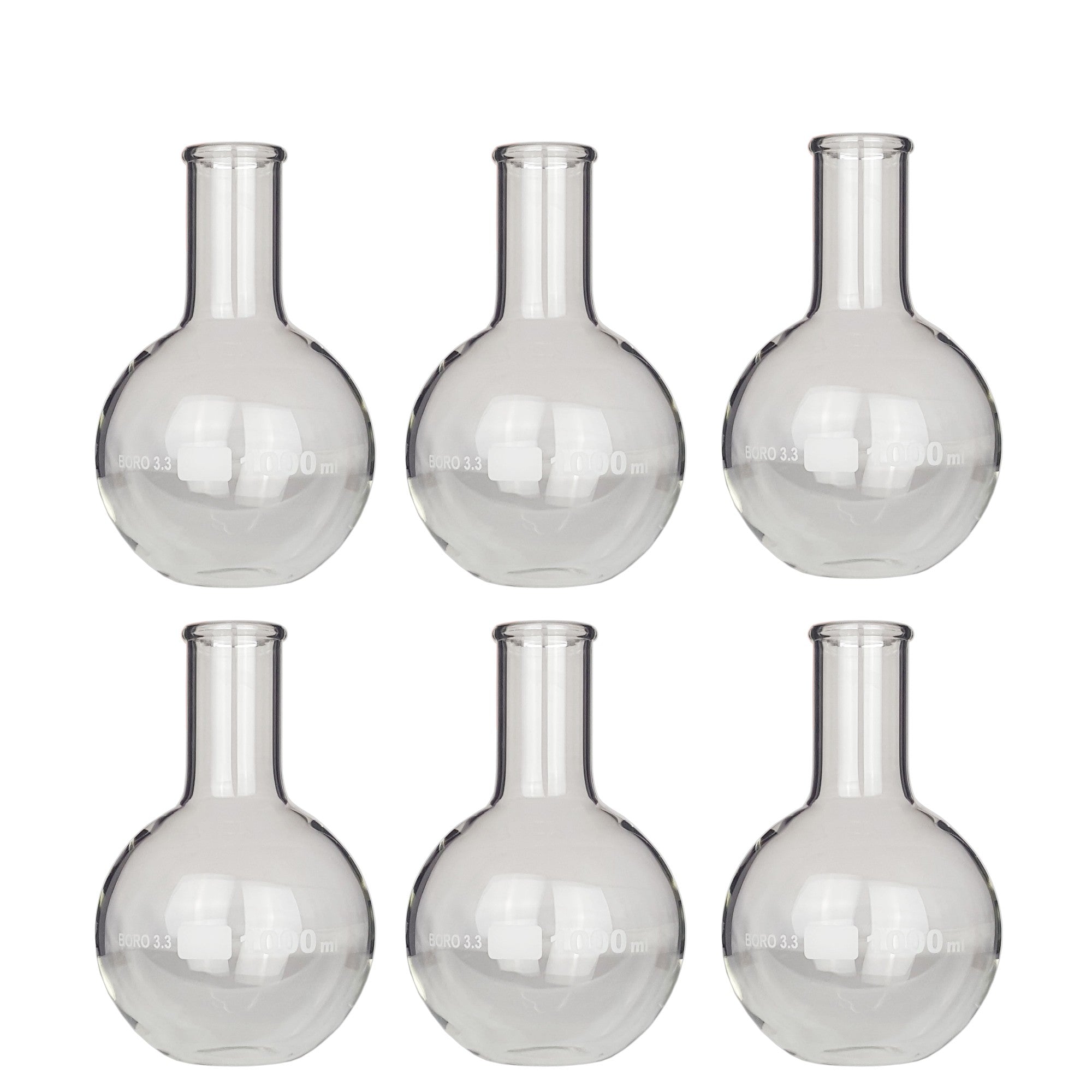 Flask Flat-Bottom Florence Boiling Flask, Standard Neck, 1000ml capacity. Made from Borosilicate Glass. A good fit for any laboratory, science classroom, or homeschool. Sold in a pack of 6 flasks.