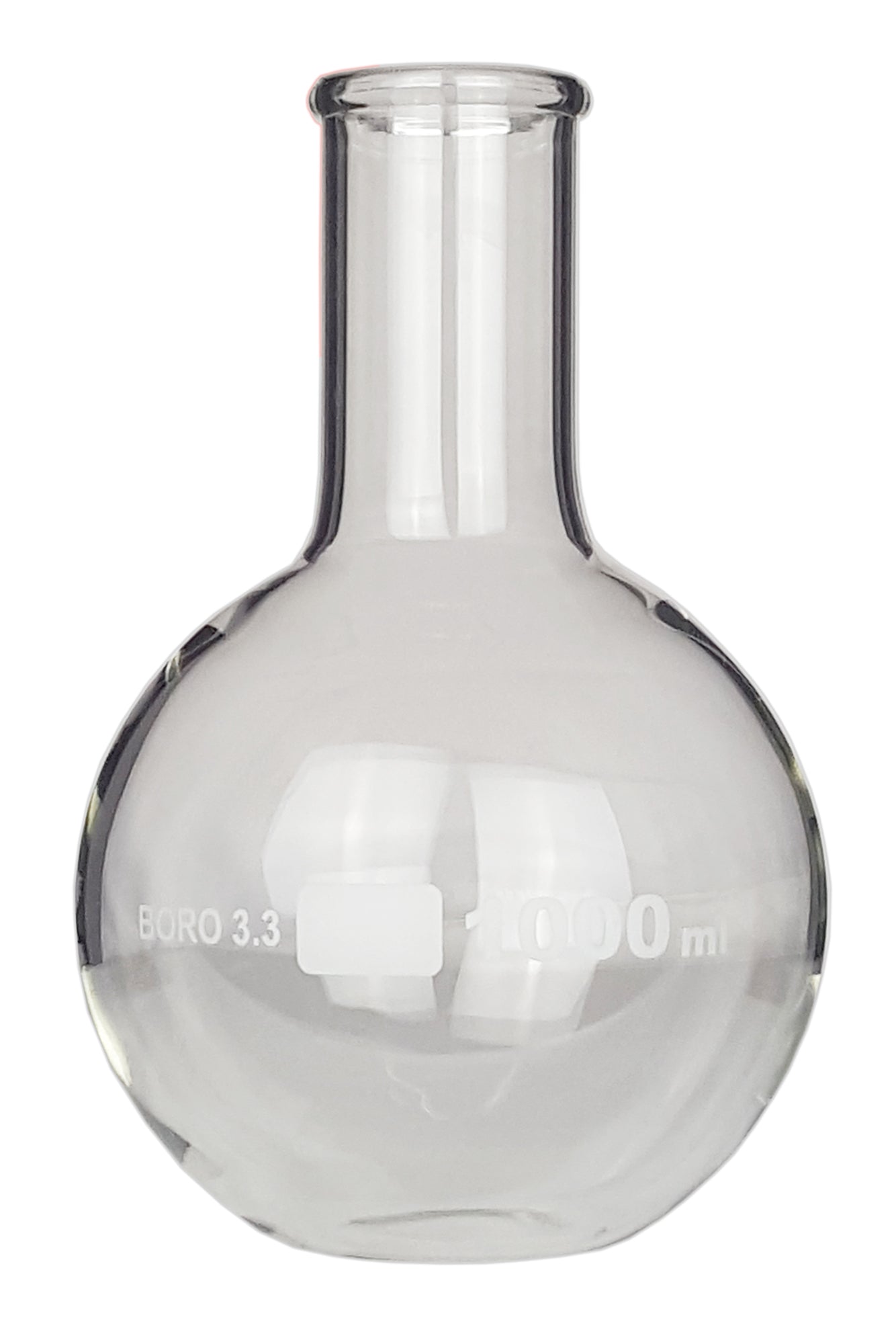 Flask Flat-Bottom Florence Boiling Flask, Standard Neck, 1000ml capacity. Made from Borosilicate Glass. A good fit for any laboratory, science classroom, or homeschool. Sold in a case of 24 flasks.