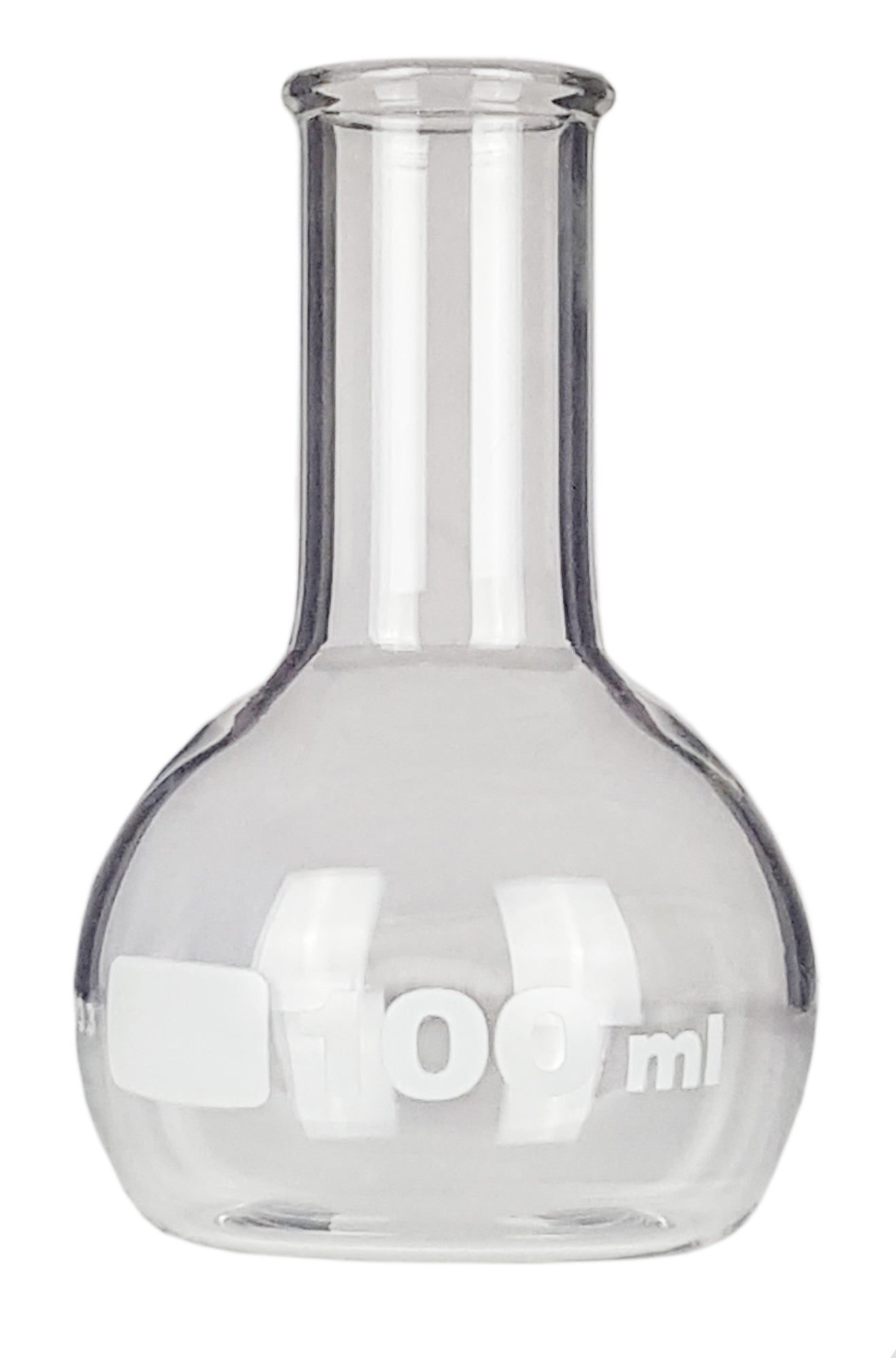 Flask, Flat-Bottom Florence Boiling Flask, Standard Neck, 100ml capacity. Made from Borosilicate Glass. A good fit for any laboratory, science classroom, or homeschool.