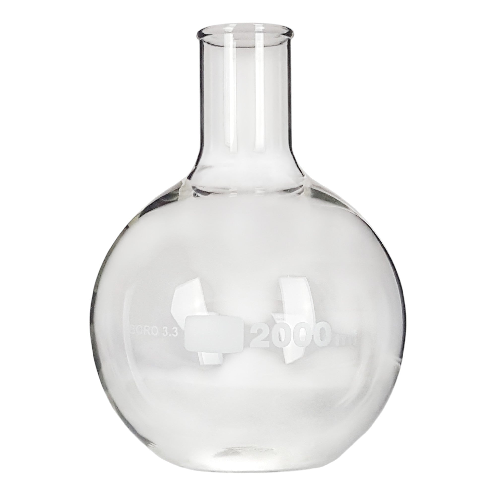 Flask, Flat-Bottom Florence Boiling Flask, Standard Neck, 2000ml capacity. Made from Borosilicate Glass. A good fit for any laboratory, science classroom, or homeschool.