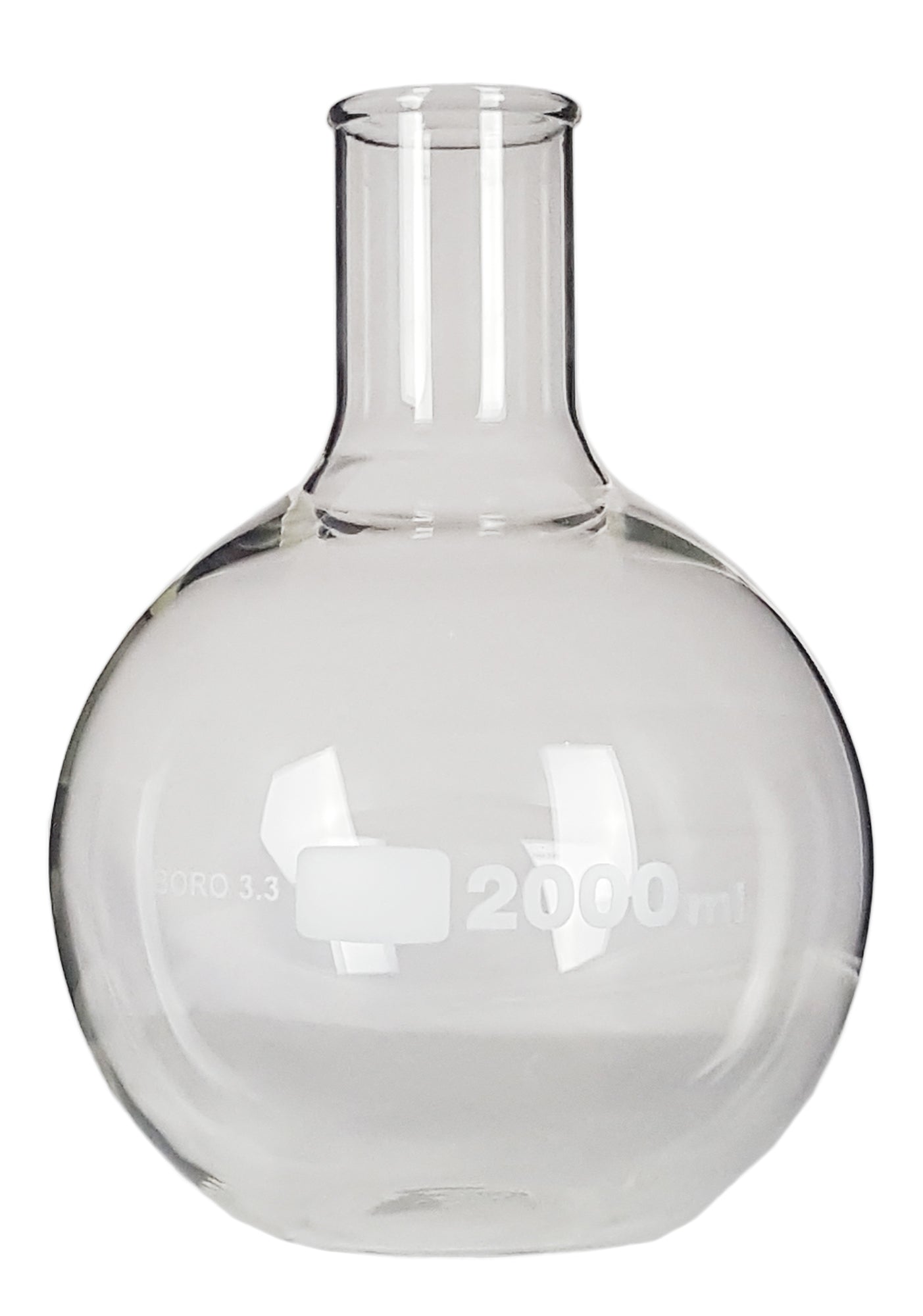 Flask Flat-Bottom Florence Boiling Flask, Standard Neck, 2000ml capacity. Made from Borosilicate Glass. A good fit for any laboratory, science classroom, or homeschool. Pack of 4.