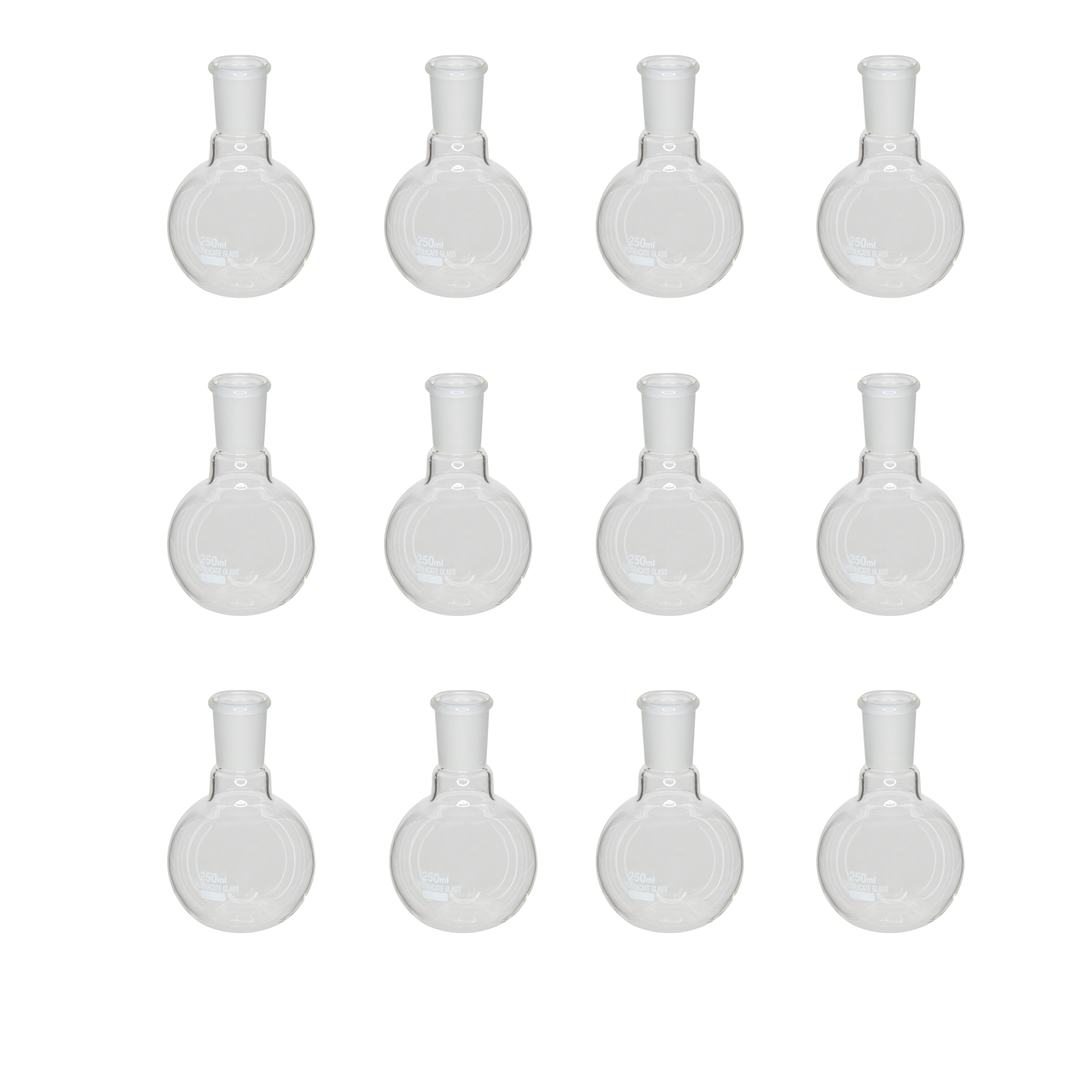 Flask - Boiling Flask Flat Bottom with 24/40 Ground Glass Joint 250ml Capacity. Case of 12 Flasks.