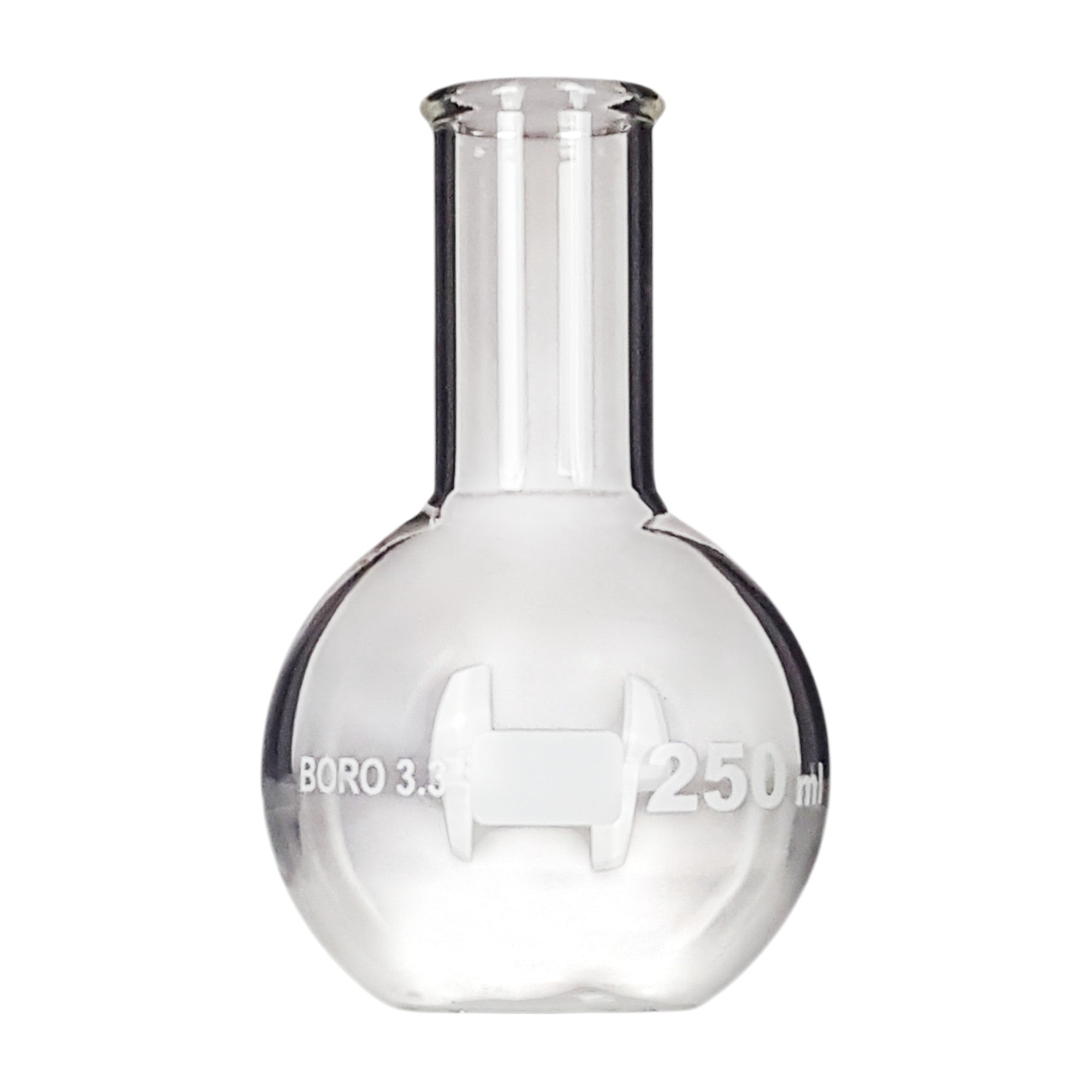 Flask Flat-Bottom Florence Boiling Flask, Standard Neck, 250ml capacity. Made from Borosilicate Glass. A good fit for any laboratory, science classroom, or homeschool.