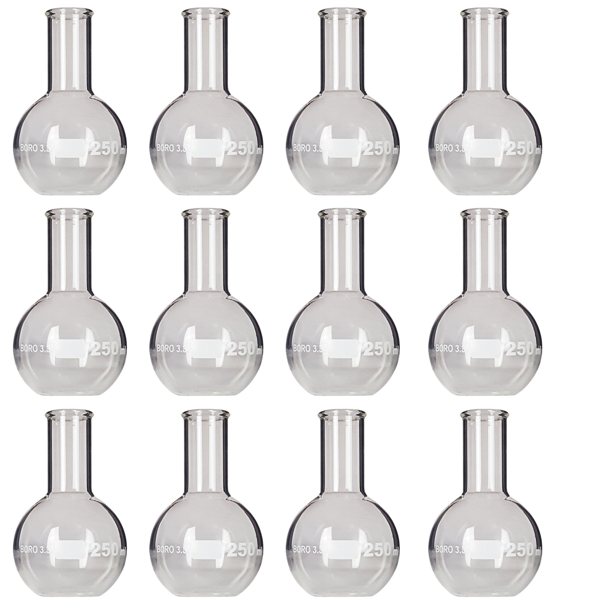 Flask Flat-Bottom Florence Boiling Flask, Standard Neck, 250ml capacity. Made from Borosilicate Glass. A good fit for any laboratory, science classroom, or homeschool. Pack of 12.