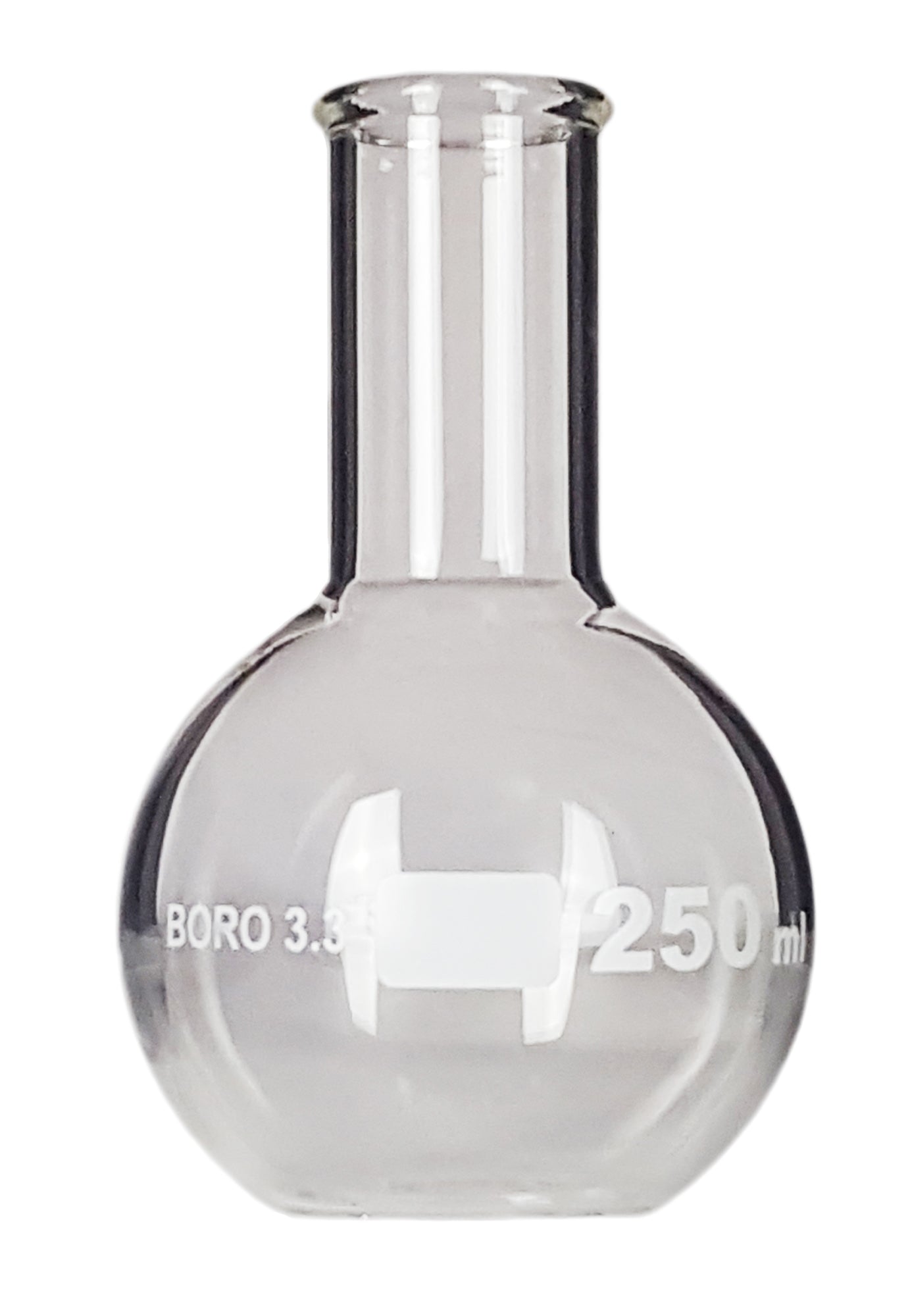 Flask Flat-Bottom Florence Boiling Flask, Standard Neck, 250ml capacity. Made from Borosilicate Glass. A good fit for any laboratory, science classroom, or homeschool. Pack of 12.