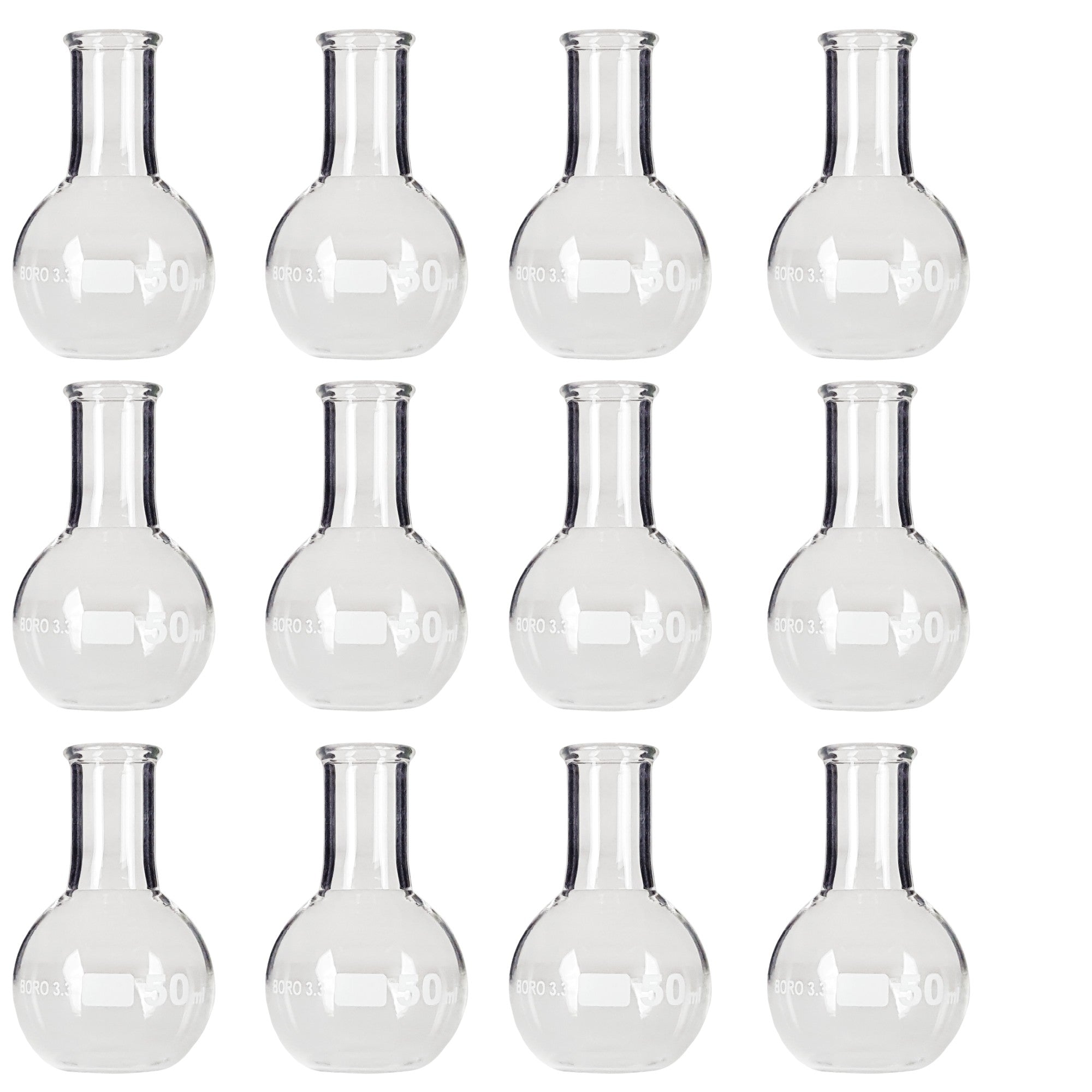 Flask Flat-Bottom Florence Boiling Flask, Standard Neck, 50ml capacity. Made from Borosilicate Glass. A good fit for any laboratory, science classroom, or homeschool. Sold in a pack of 12 flasks.