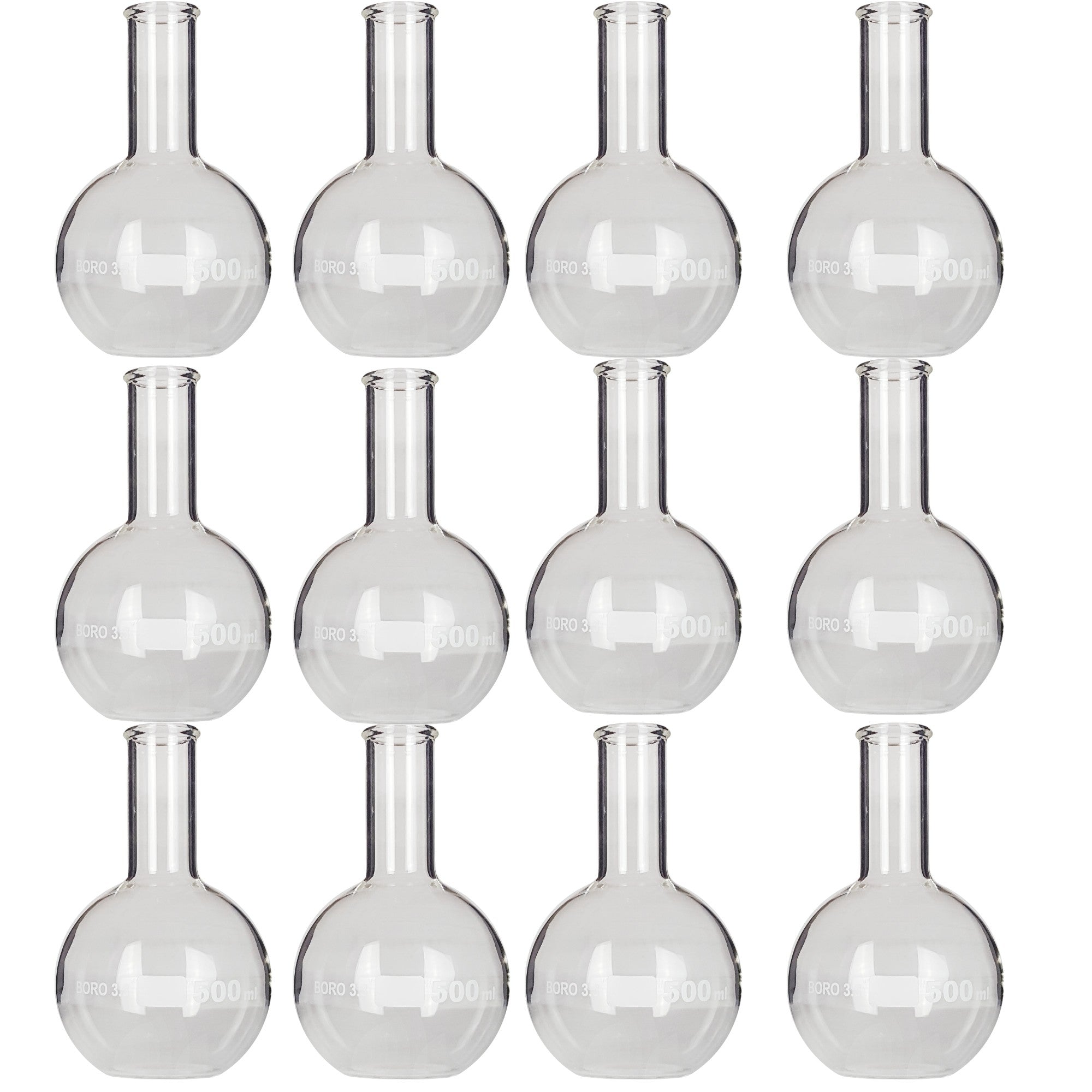 Flask Flat-Bottom Florence Boiling Flask, Standard Neck, 500ml capacity. Made from Borosilicate Glass. A good fit for any laboratory, science classroom, or homeschool. Pack of 12