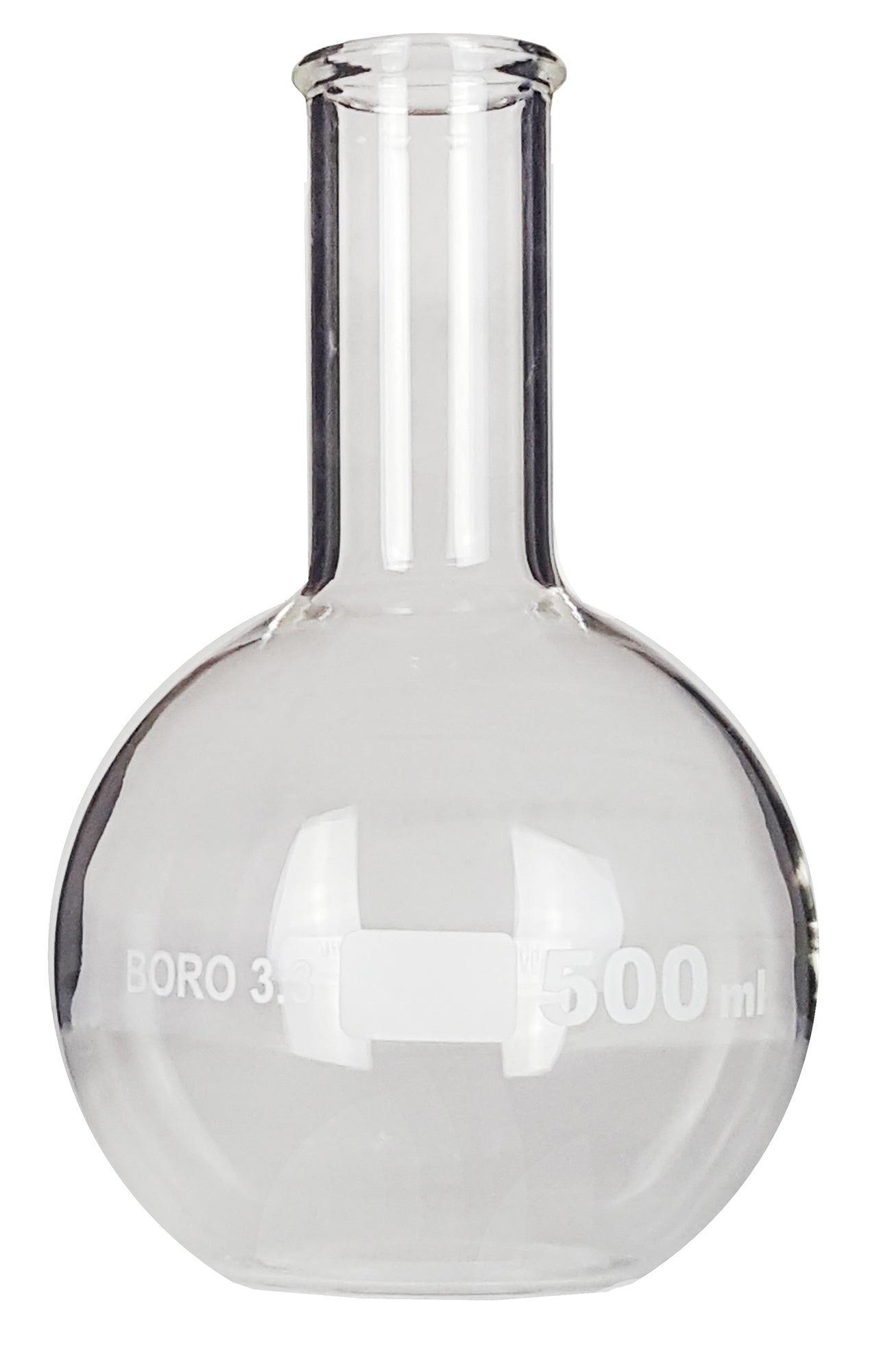 Flask, Flat-Bottom Florence Boiling Flask, Standard Neck, 500ml capacity. Made from Borosilicate Glass. A good fit for any laboratory, science classroom, or homeschool.