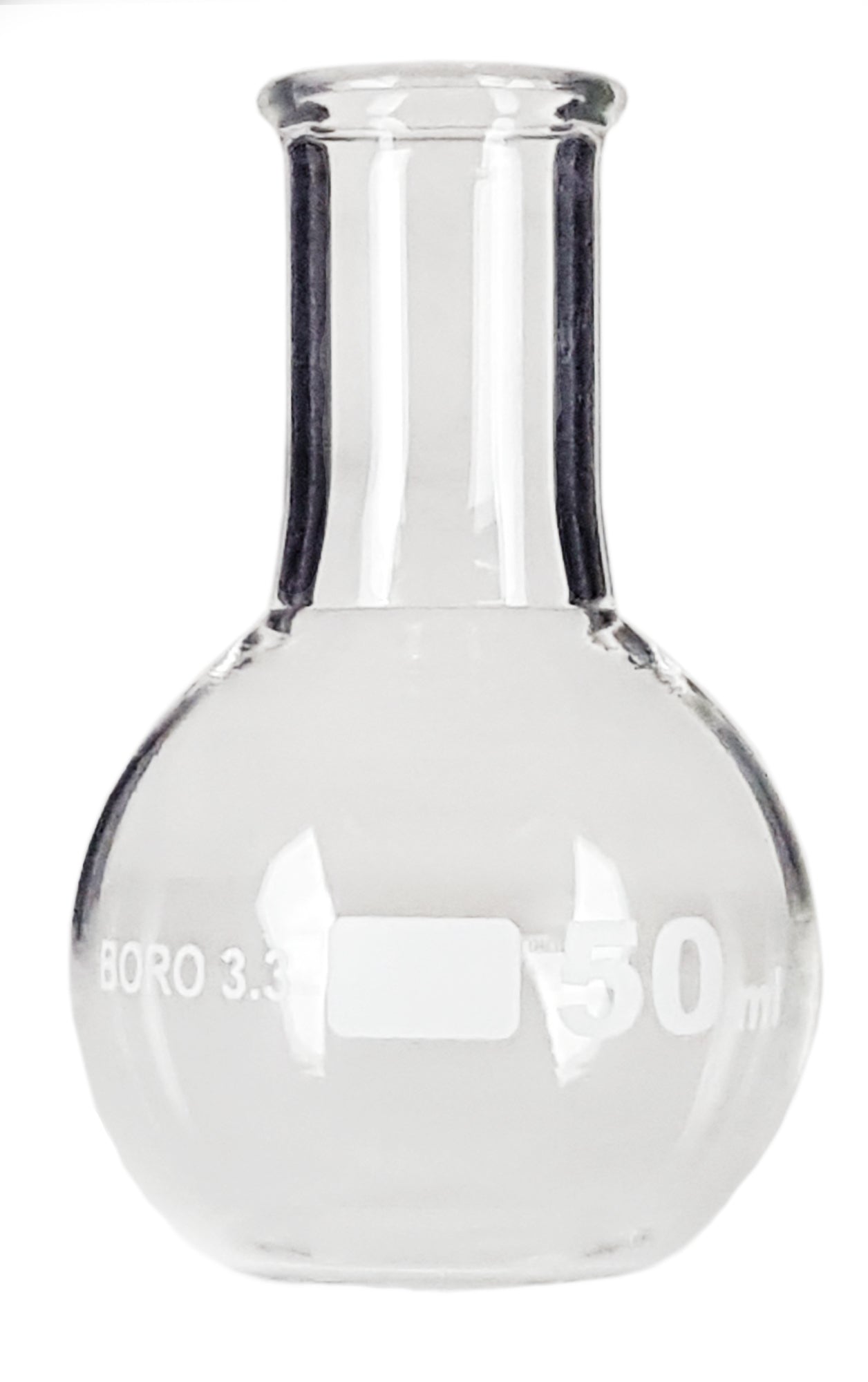 Flask Flat-Bottom Florence Boiling Flask, Standard Neck, 50ml capacity. Made from Borosilicate Glass. A good fit for any laboratory, science classroom, or homeschool.