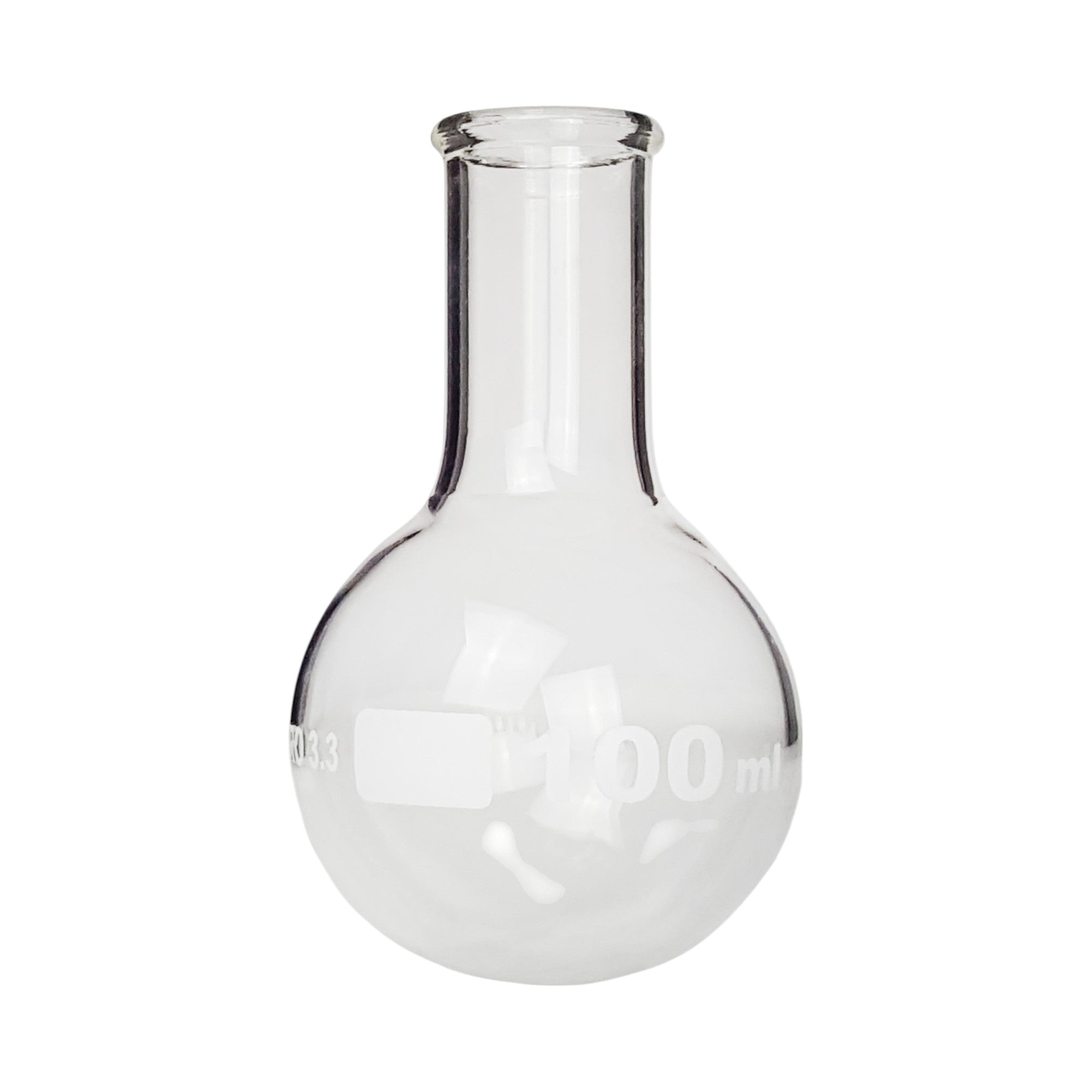 Flask Round-Bottom Florence Boiling Flask, Standard Neck, 100ml capacity. Made from Borosilicate Glass. A good fit for any laboratory, science classroom, or homeschool.
