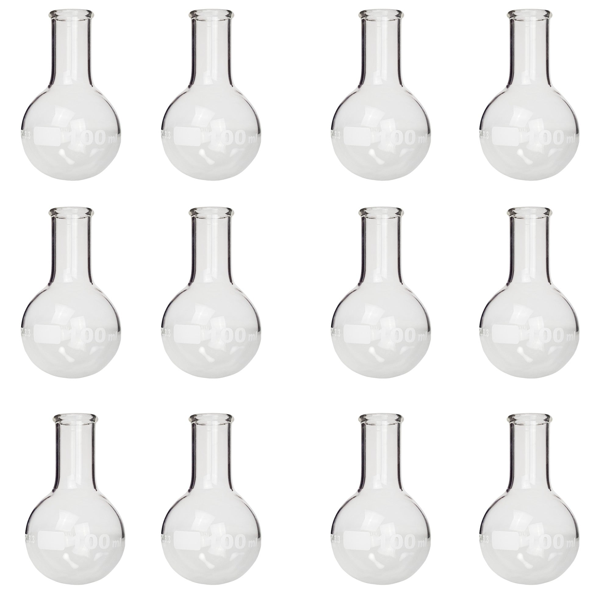 Flask Round-Bottom Florence Boiling Flask, Standard Neck, 100ml capacity. 12 Pack. Made from Borosilicate Glass. A good fit for any laboratory, science classroom, or homeschool.