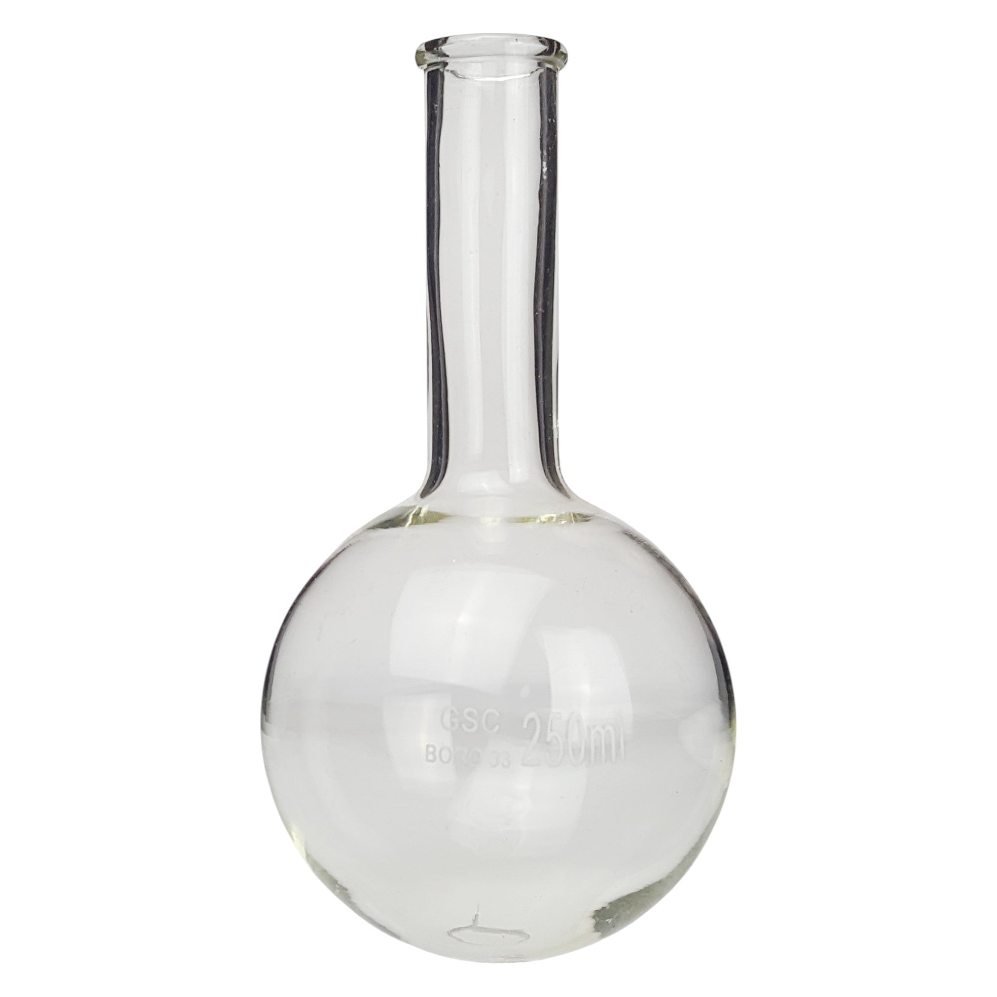 Flask, Round-Bottom Florence Boiling Flask, Standard Neck, 250ml capacity. Made from Borosilicate Glass. A good fit for any laboratory, science classroom, or homeschool.