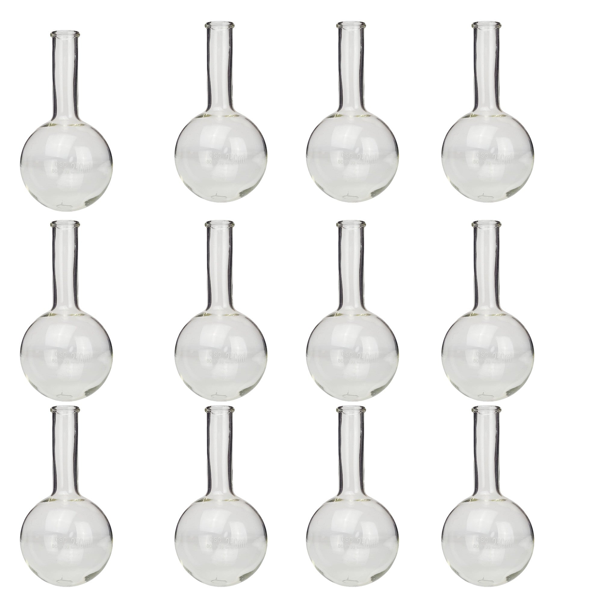 Flask Round-Bottom Florence Boiling Flask, Standard Neck, 250ml capacity. Made from Borosilicate Glass. Sold in a pack of 12 flasks.