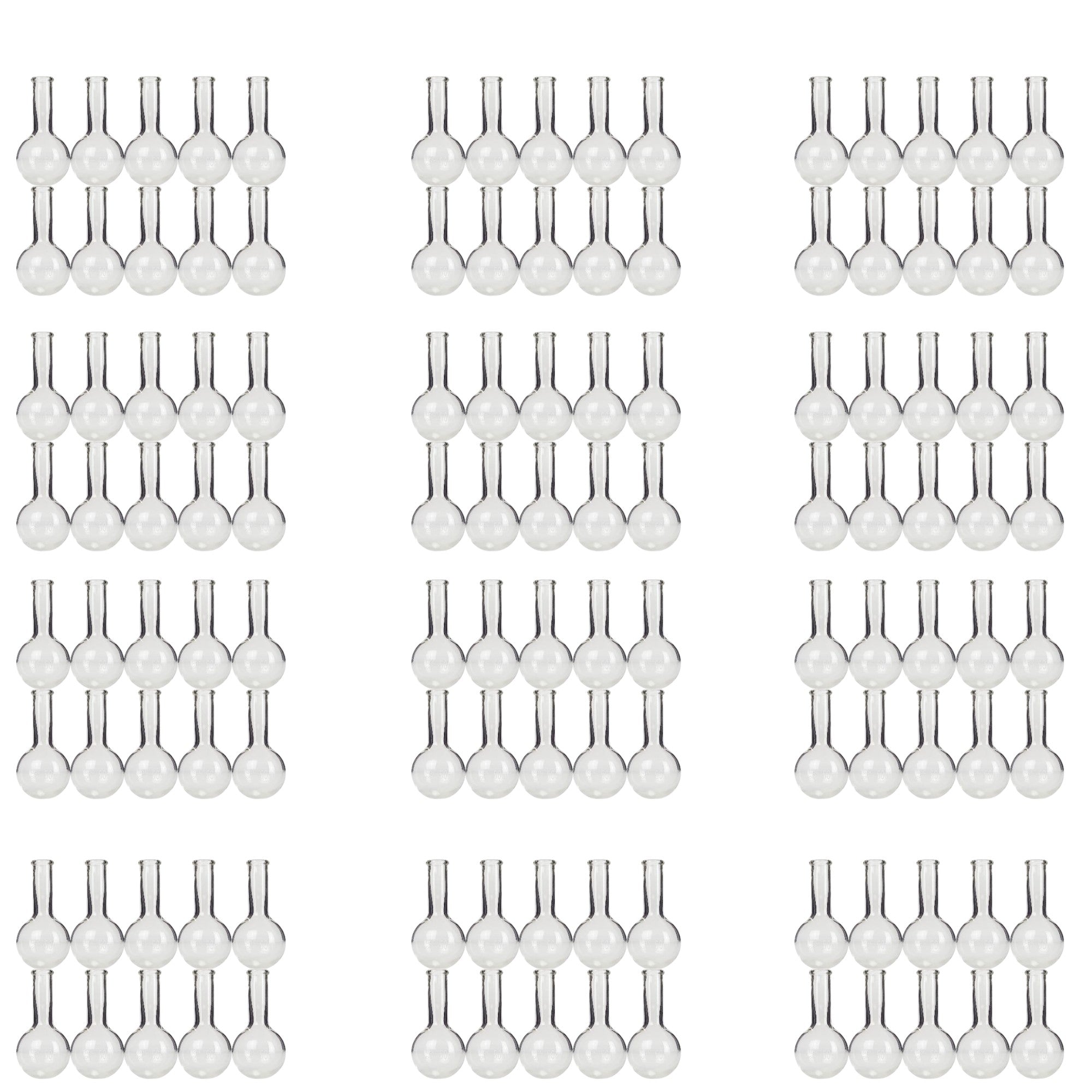 Flask Round-Bottom Florence Boiling Flask, Standard Neck, 50ml capacity. Made from Borosilicate Glass. A good fit for any laboratory, science classroom, or homeschool. Sold in a case of 120 flasks.