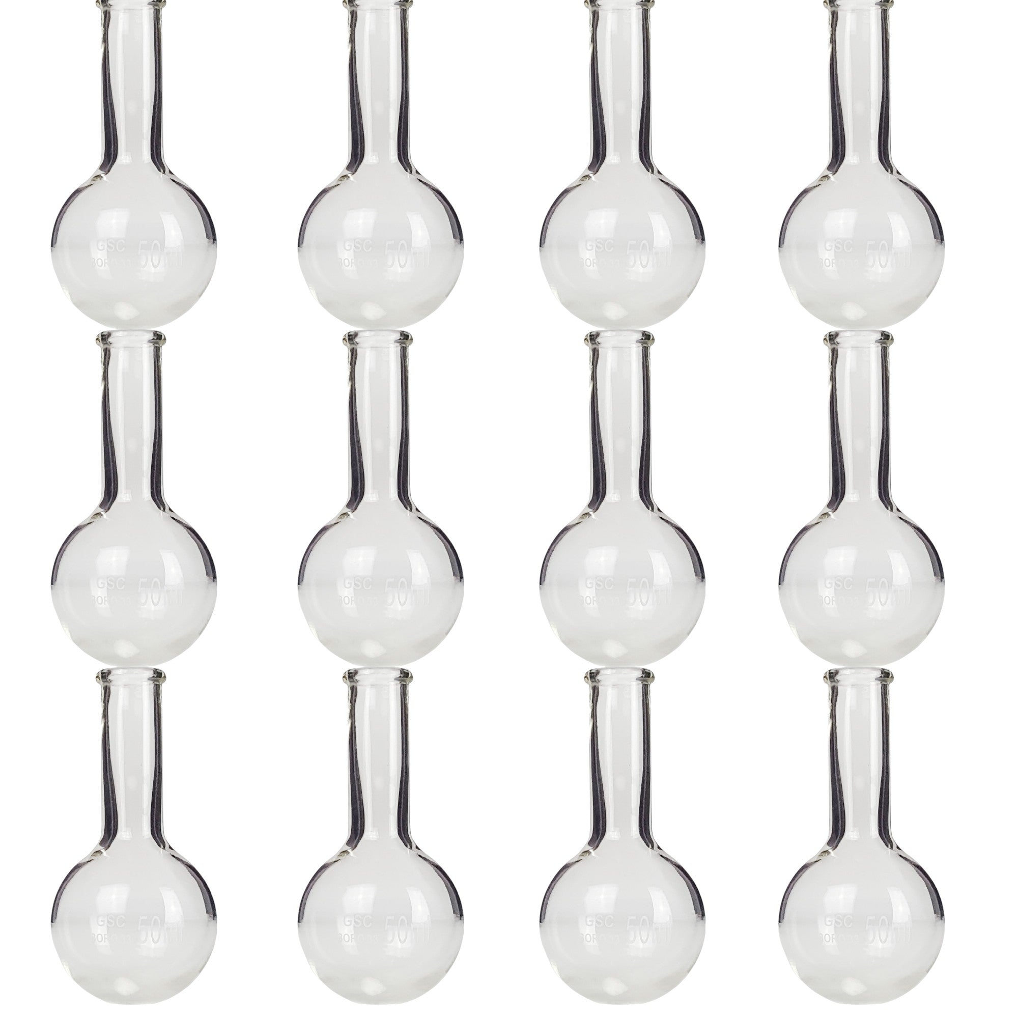 Flask Round-Bottom Florence Boiling Flask, Standard Neck, 50ml capacity. Made from Borosilicate Glass. Pack of 12 flasks.