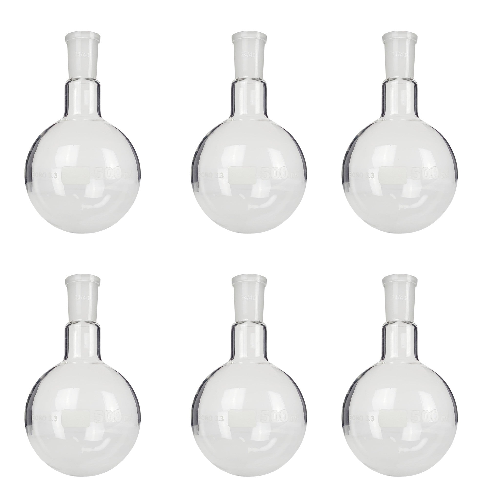 Flask - Round-Bottom Boiling Flask, 24/40 Ground Glass Joint, 500ml. Pack of 6.