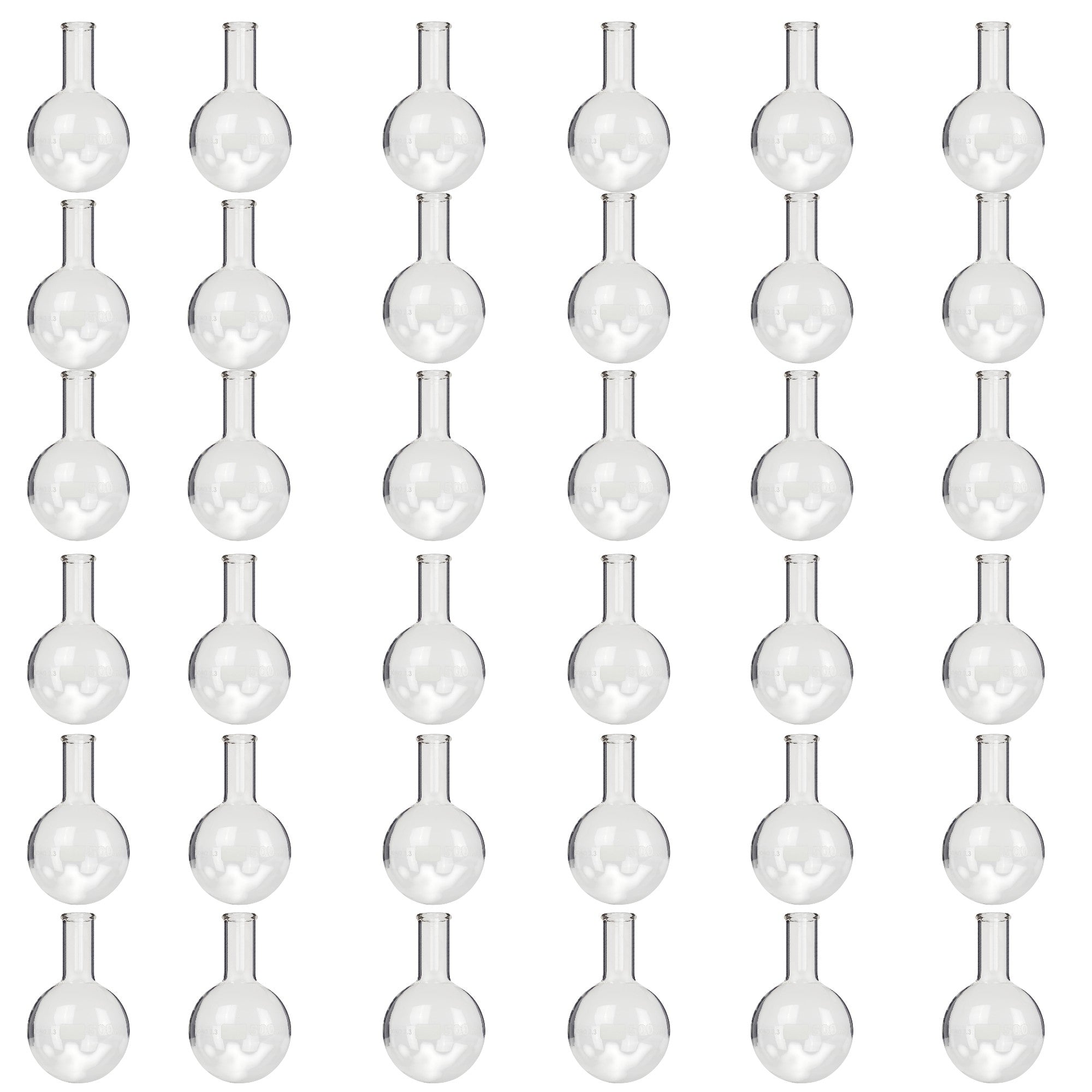 Flask Round-Bottom Florence Boiling Flask, Standard Neck, 500ml capacity. Made from Borosilicate Glass. A good fit for any laboratory, science classroom, or homeschool. Sold in a case of 36 flasks.