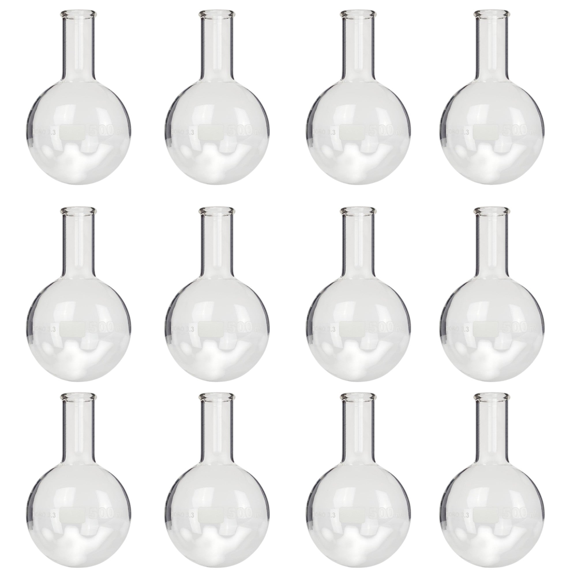 Flask Round-Bottom Florence Boiling Flask, Standard Neck, 500ml capacity. Made from Borosilicate Glass. 12 Pack