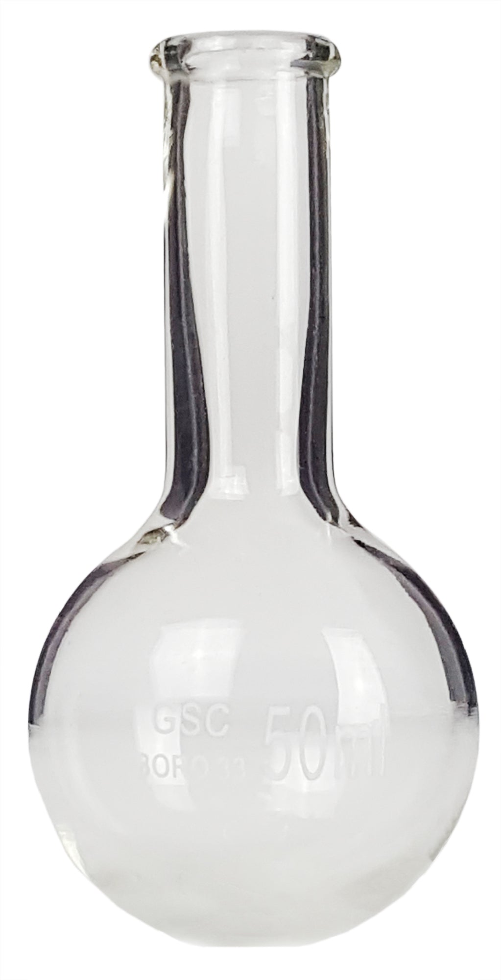 Flask Round-Bottom Florence Boiling Flask, Standard Neck, 50ml capacity. Made from Borosilicate Glass. A good fit for any laboratory, science classroom, or homeschool. Sold in a case of 120 flasks.