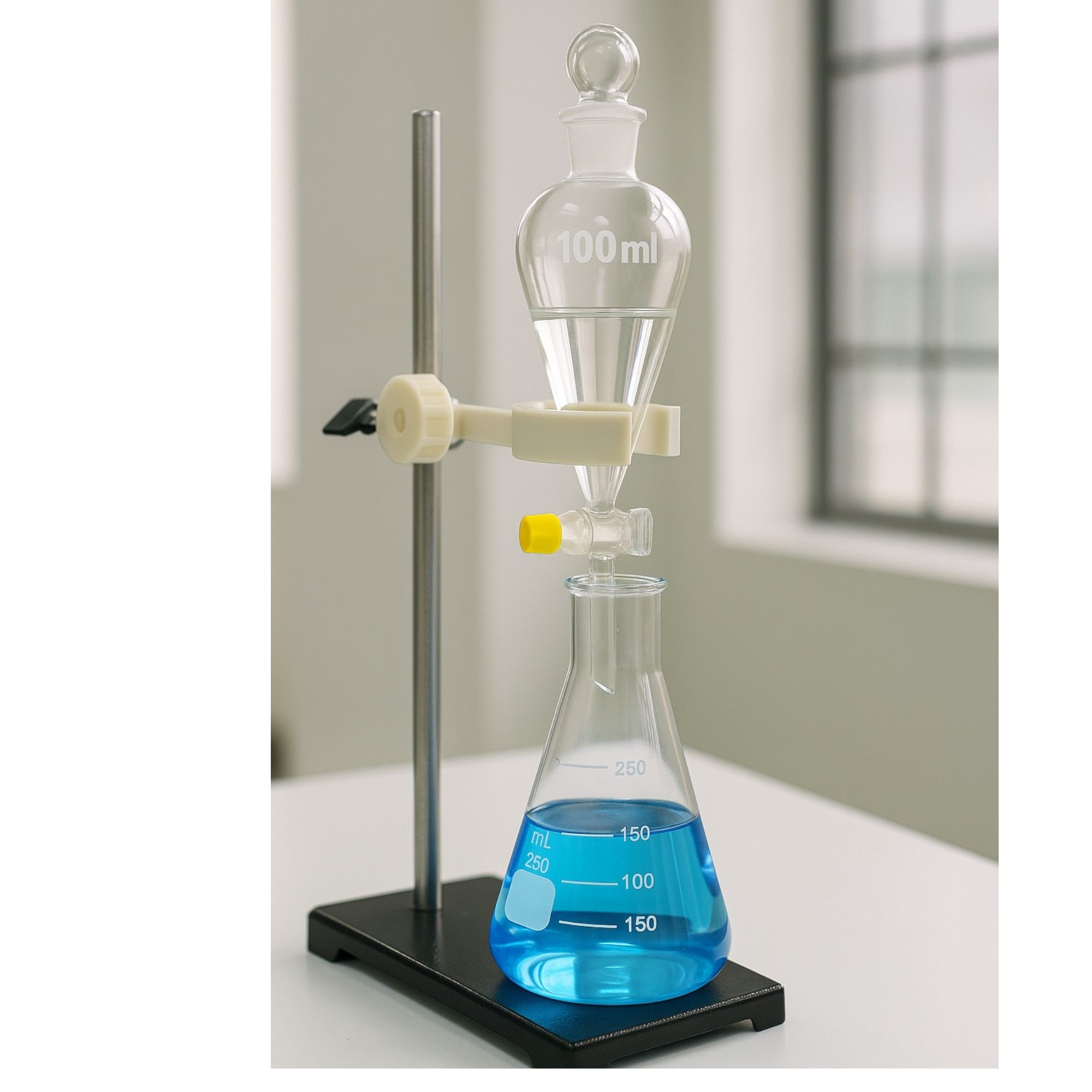 Lab Glassware Kit - 100ml Separatory Funnel with Glass Stopcock, 250ml Erlenmeyer Flask, Funnel Holder – Organic Chemistry & Liquid Separation Set