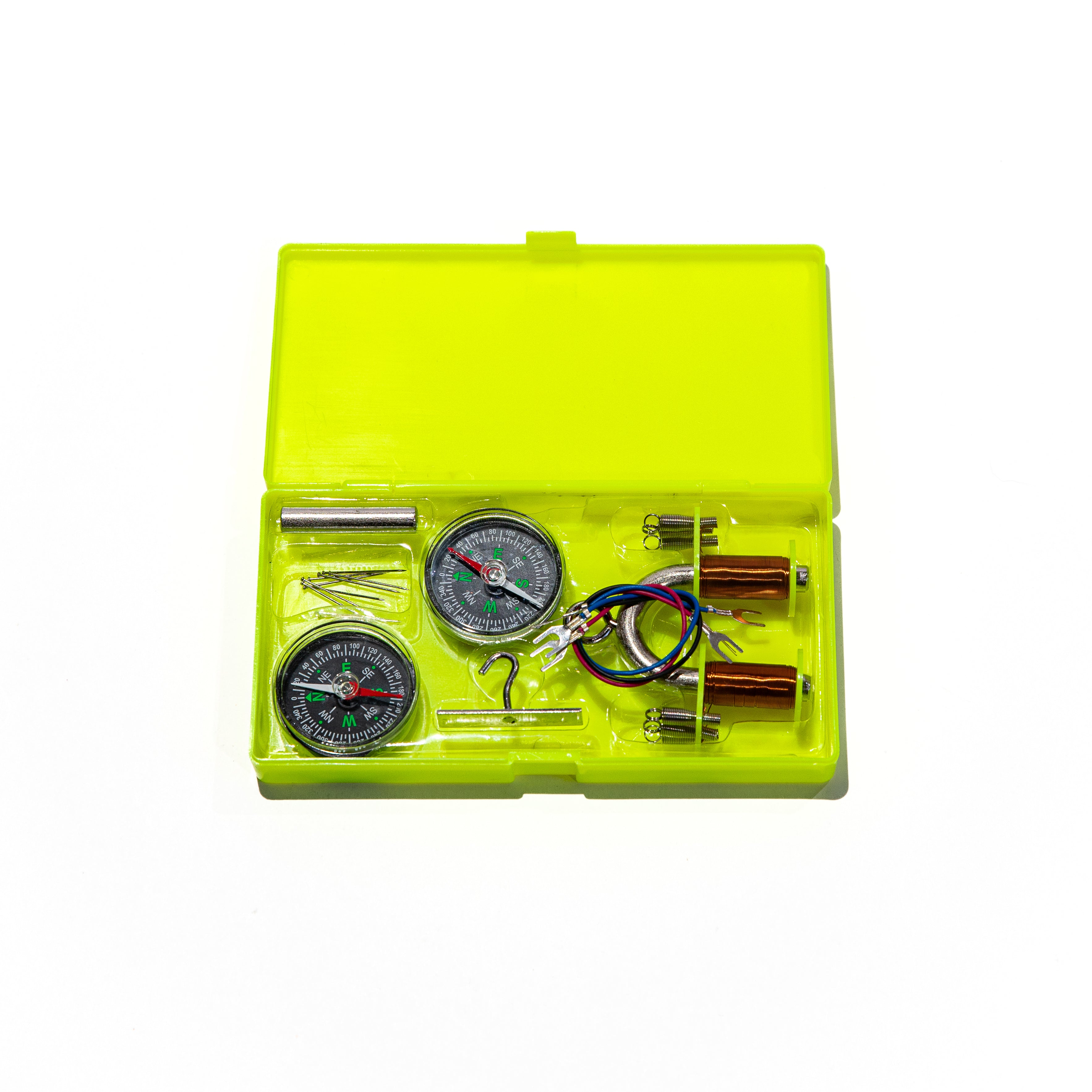 Electromagnetic Kit. Includes a "U"-Shaped Electromagnet, a Hooked Bar, A Iron Bar, Connector Cords, Pins, and 2-Compasses.