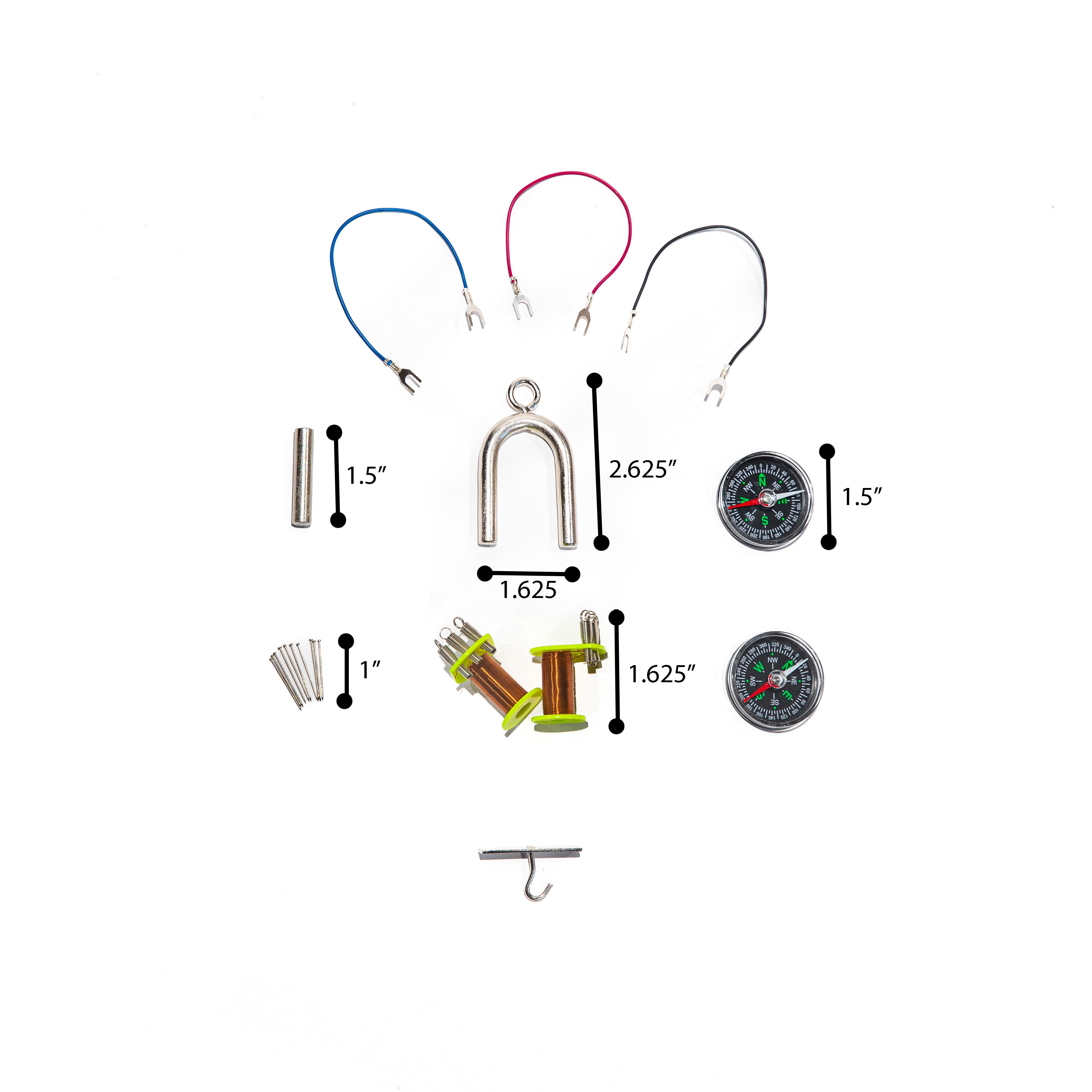 Electromagnetic Kit. Includes a "U"-Shaped Electromagnet, a Hooked Bar, A Iron Bar, Connector Cords, Pins, and 2-Compasses.