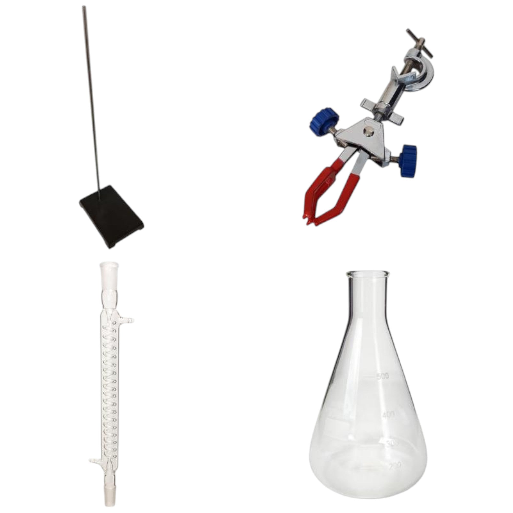 Lab Equipment Kit – Support Stand, Universal Clamp, Graham Condenser (24/40), 500ml Erlenmeyer Flask – Chemistry & Science Lab Glassware Set