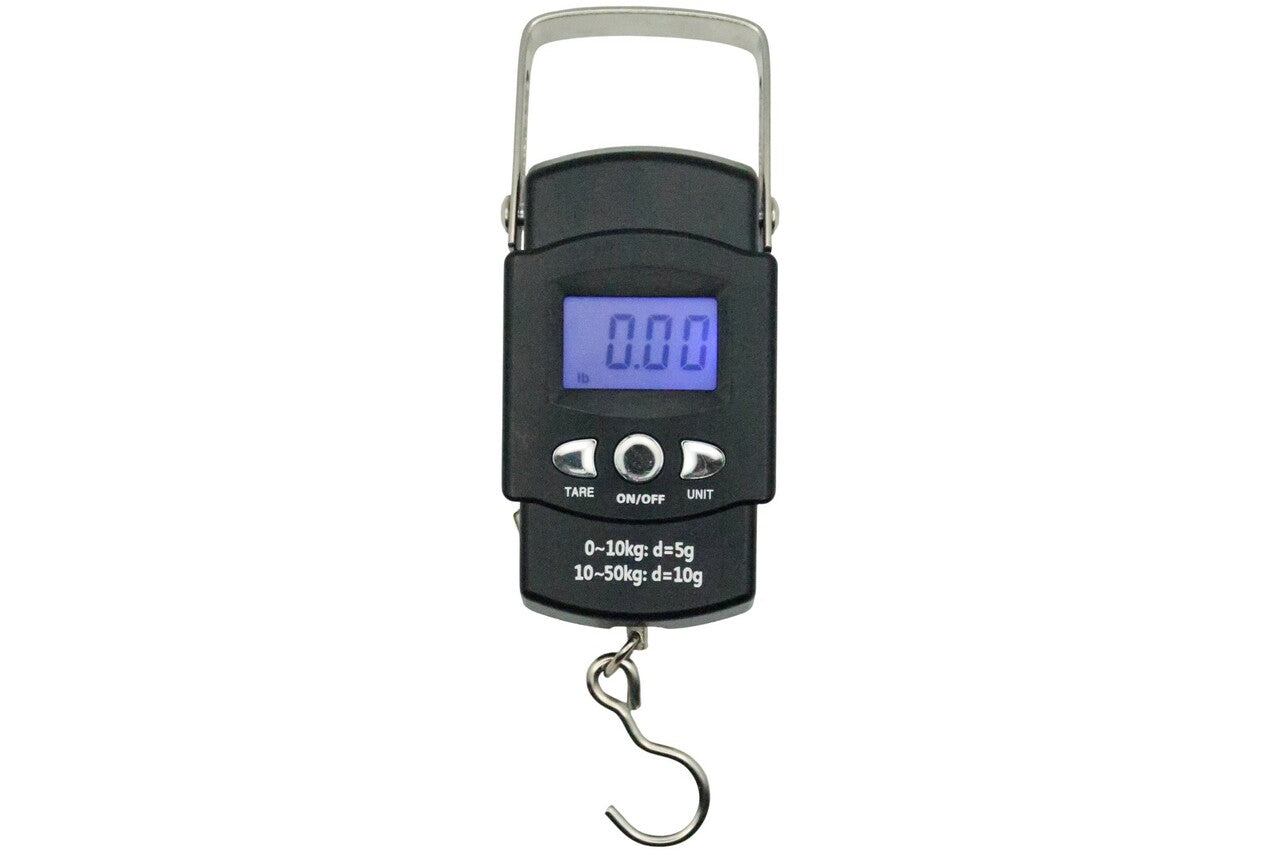 GSC International SD-50 hanging scale shown at rest with backlit LCD, stainless steel hook, and integrated tape measure, designed for educational, laboratory, and field measurement tasks.
