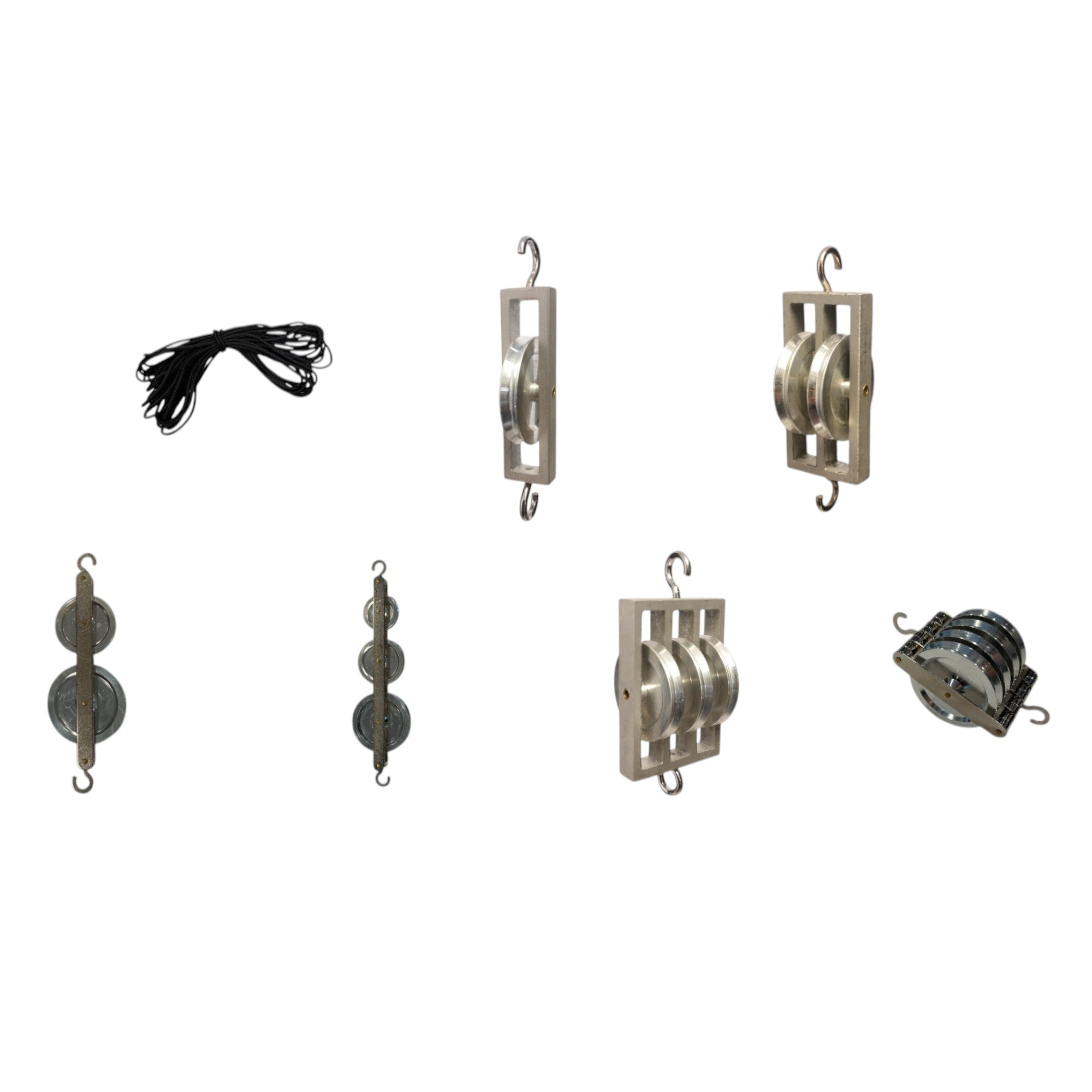 Pulley made of Aluminum for Physics Labs – Includes Single, Double, Triple, and Quadruple Pulleys with Nylon Cable (3mm x 9m)