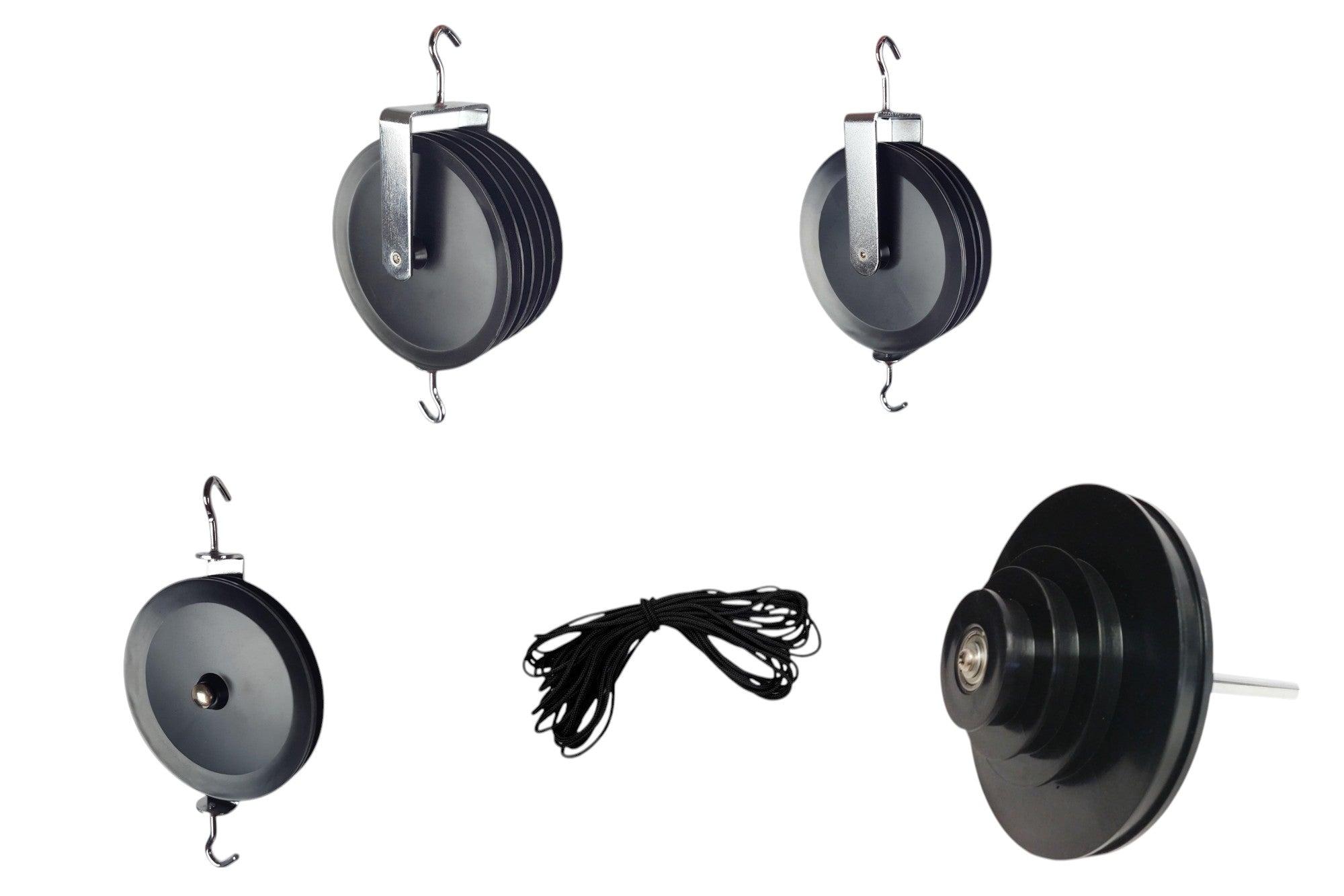 Pulley Kit for Physics Labs – Includes Nylon Cable (3mm x 9m), Large Single, Double & Triple Plastic Pulleys, and 4-Step Wheel & Axle with Ball Bearings