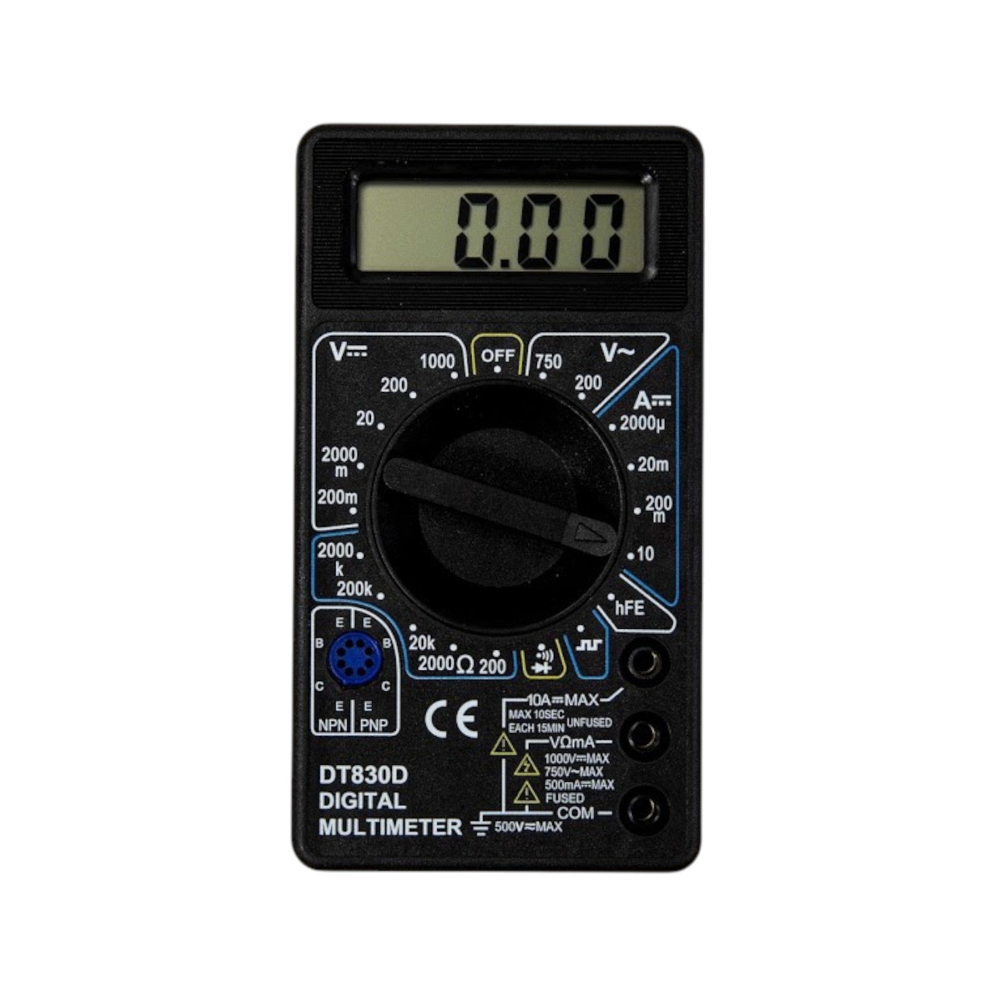 Multimeter Digital 3.5 digit LCD Display with 9 volt battery, easy access battery compartment, and instructions.