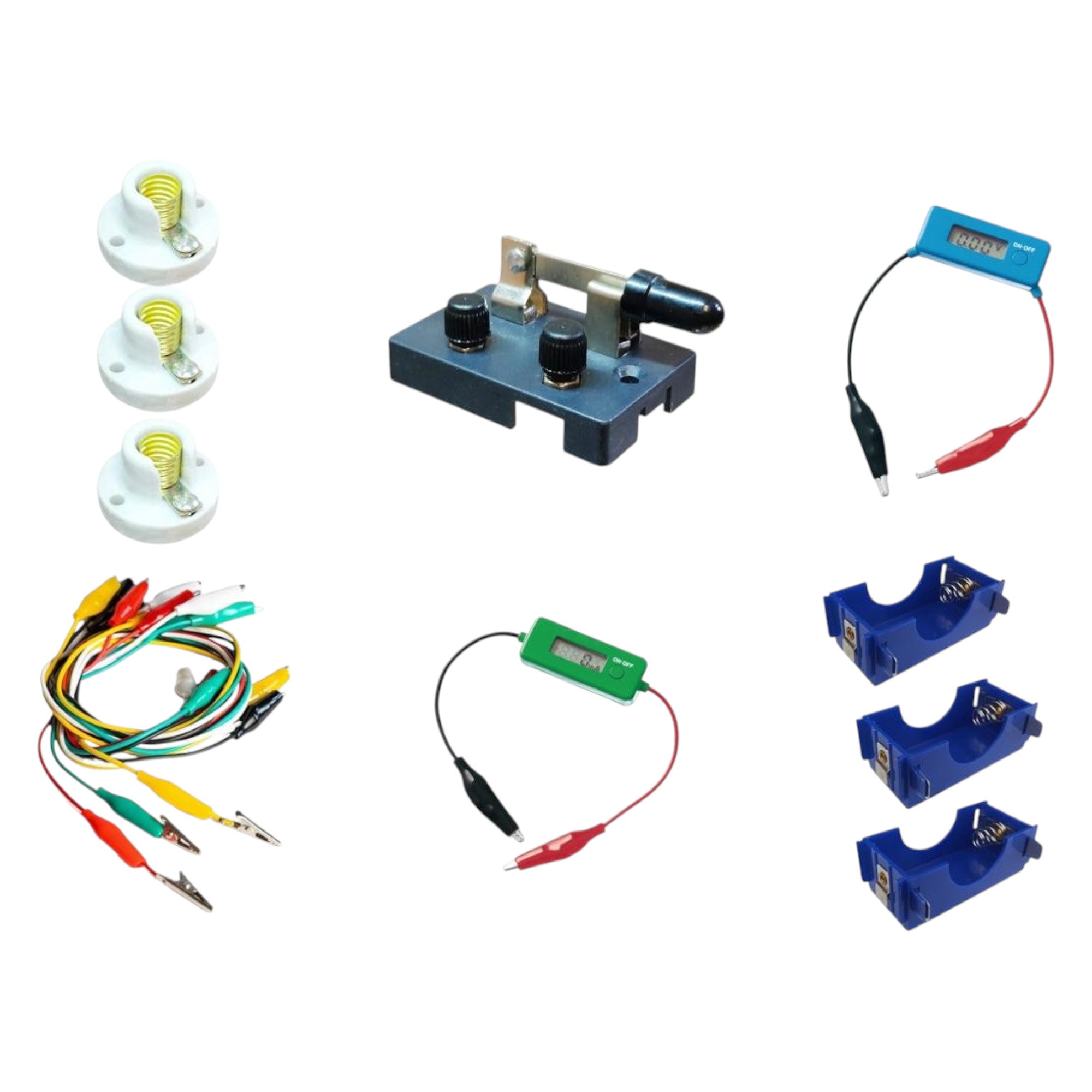 Circuit Kit with Digital Voltmeter & Ammeter, Alligator Clip Wires, Battery Holders (x3), Bulb Holders (x3), and SPST Switch – Educational DC Electronics Set