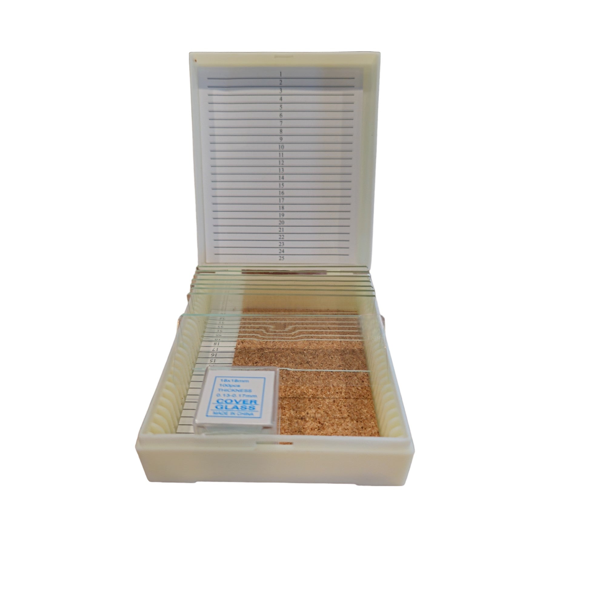 Microscope Slide Basic Set Which Includes a 25 Place, Cork Lined Storage Box, 100 each Coverslips and 12 each Plain Slides and 2 each Single Cavity Slides.