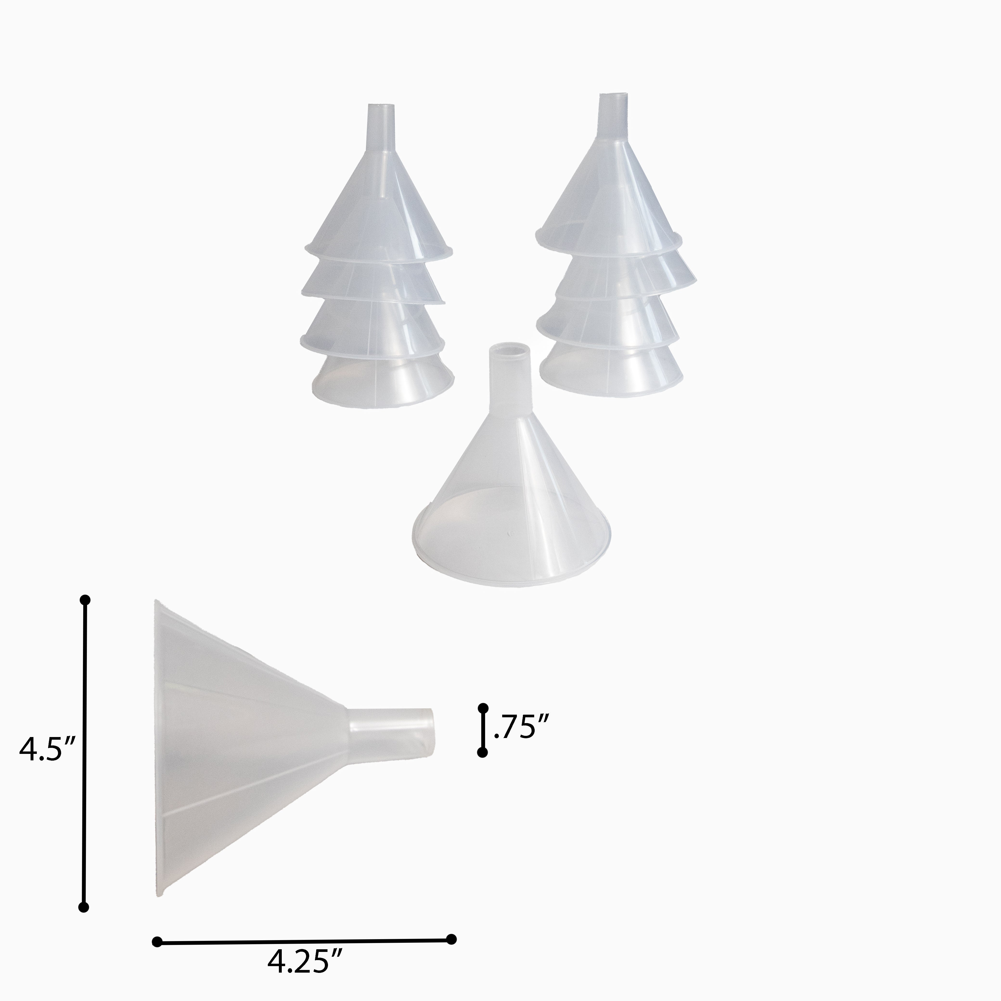 Funnel Powder Polypropylene. Size 4.5" Opening x 4.25" Length x .75 Stem Opening. Pack of 10 Funnels.