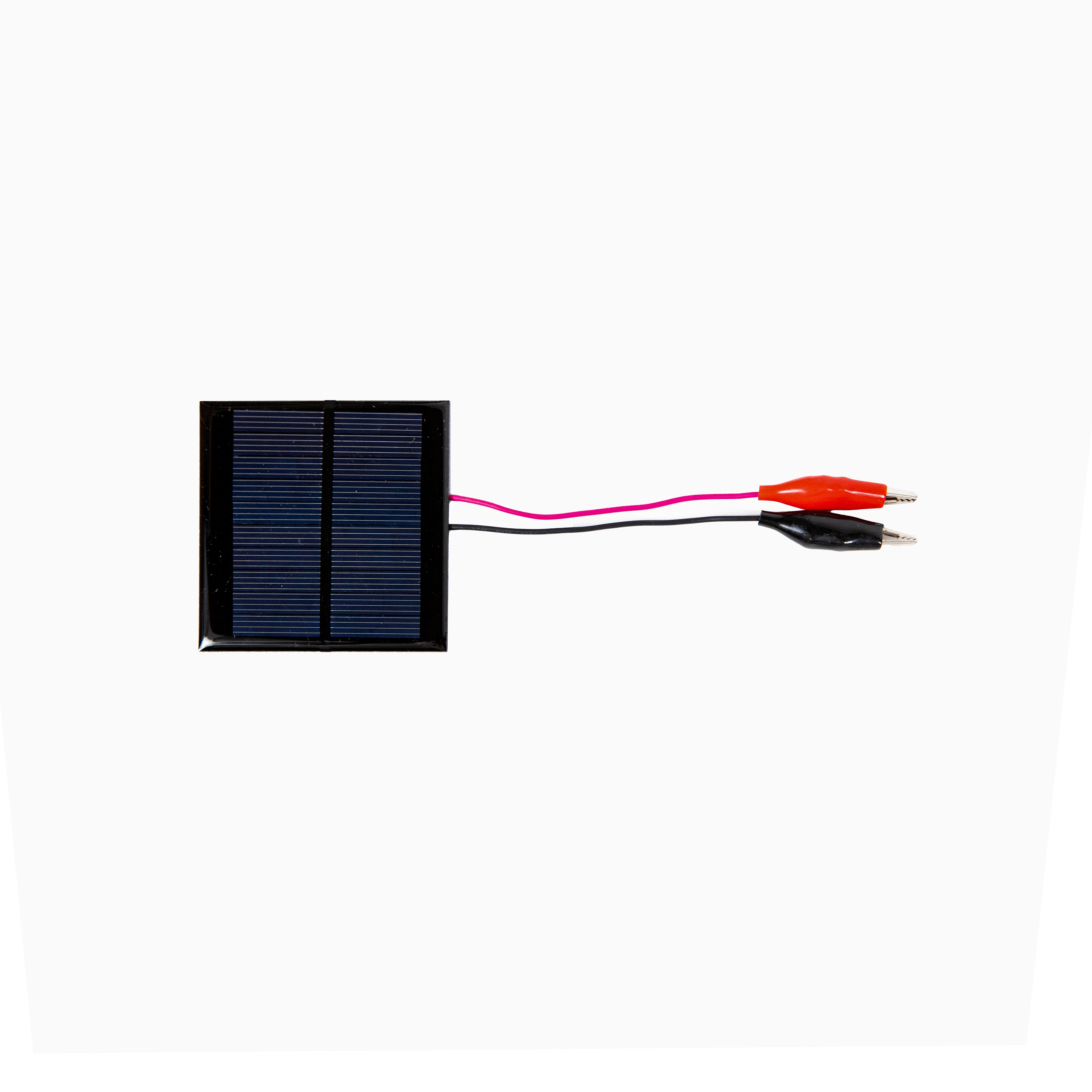 Solar Cell 5 volts, 100mA, 0.54 Watts. Size 70mm square with one red & one black alligator clip connecting cable, length 150mm. A versatile tool in science education when studying renewable energy & electric circuits through hands on experiments.