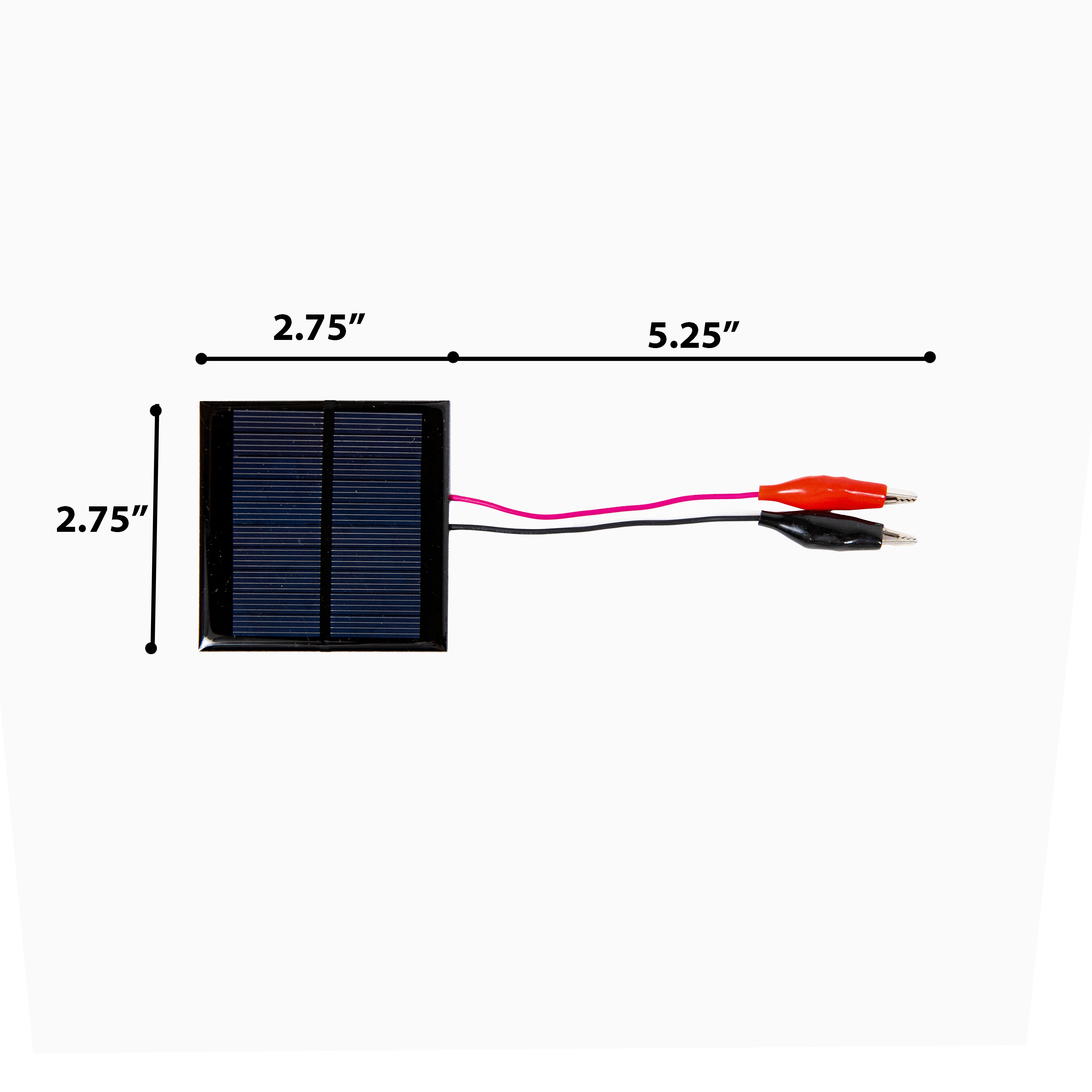 Solar Cell 5 volts, 100mA, 0.54 Watts. Size 70mm square with one red & one black alligator clip connecting cable, length 150mm. A versatile tool in science education when studying renewable energy & electric circuits through hands on experiments.