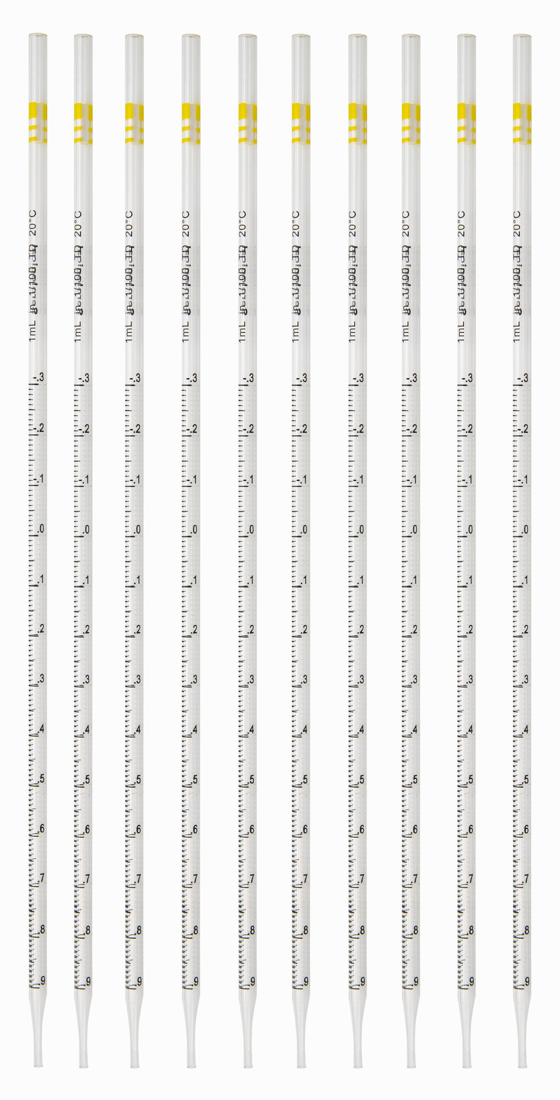Pipette Serological, 1ml Capacity by 0.01ml, Plastic, Sterile, Color Coded. Pack of 10.