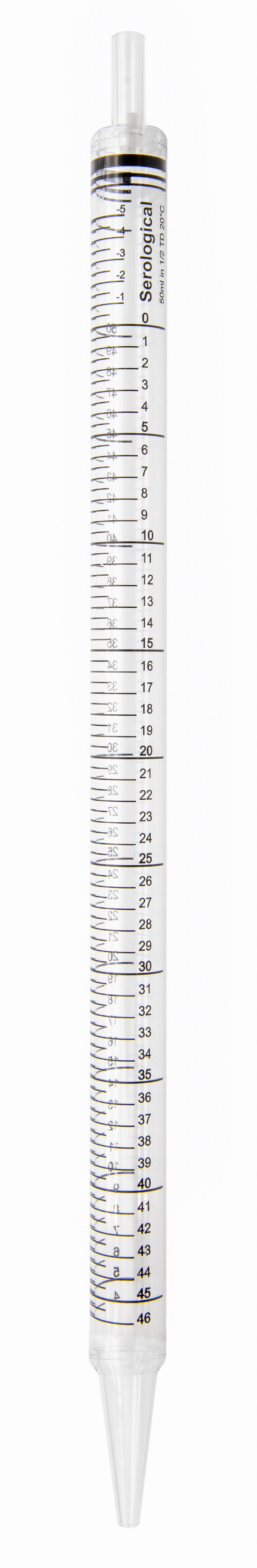 Pipette Serological, 50ml Capacity by 0.5ml, Plastic, Sterile, Color Coded. Pack of 10.