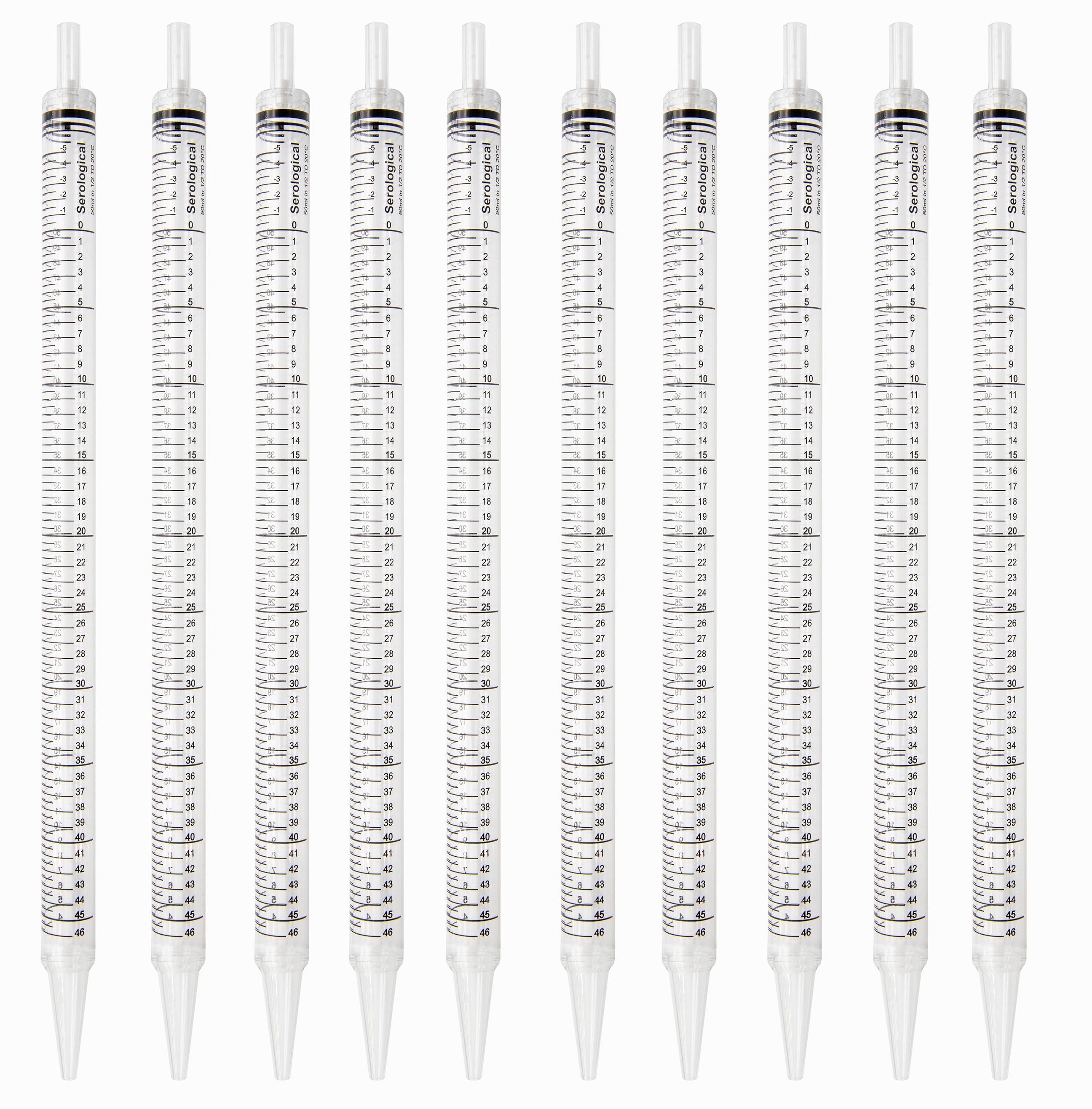 Pipette Serological, 50ml Capacity by 0.5ml, Plastic, Sterile, Color Coded. Pack of 10.