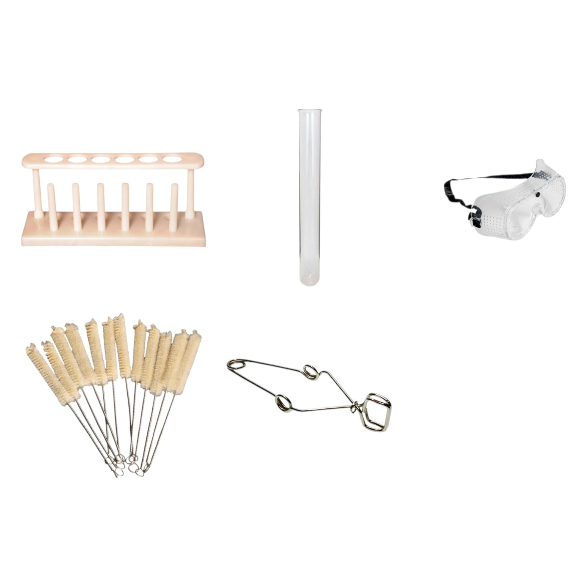Test Tube Kit - 6 Hole Rack & Drying Pins, 72 Glass Tubes, Cleaning Brushes (12 Pack), Clamp, and Goggles