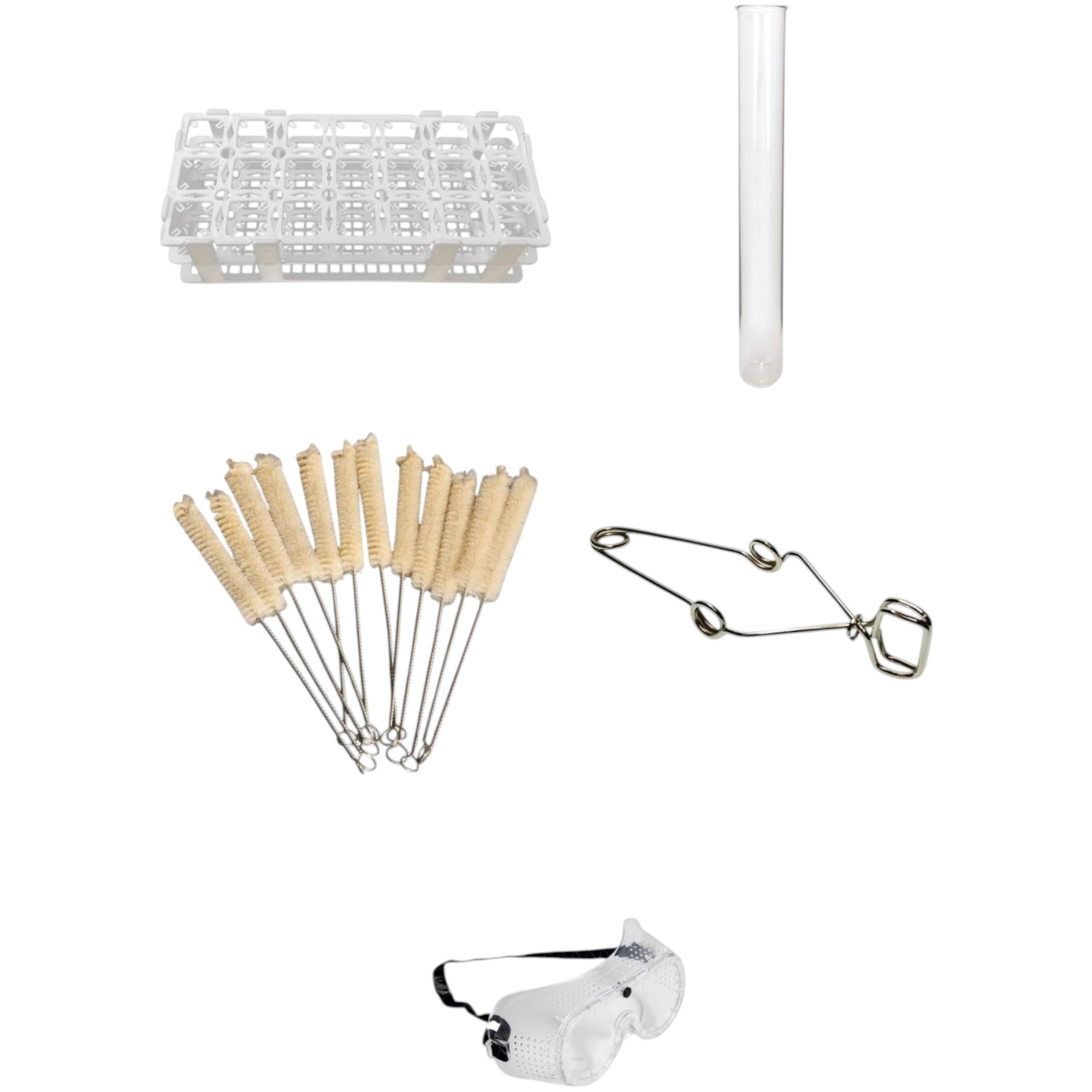 Chemistry Test Tube Kit- Rack, 72 Glass Tubes, Brushes, Clamp and Goggles