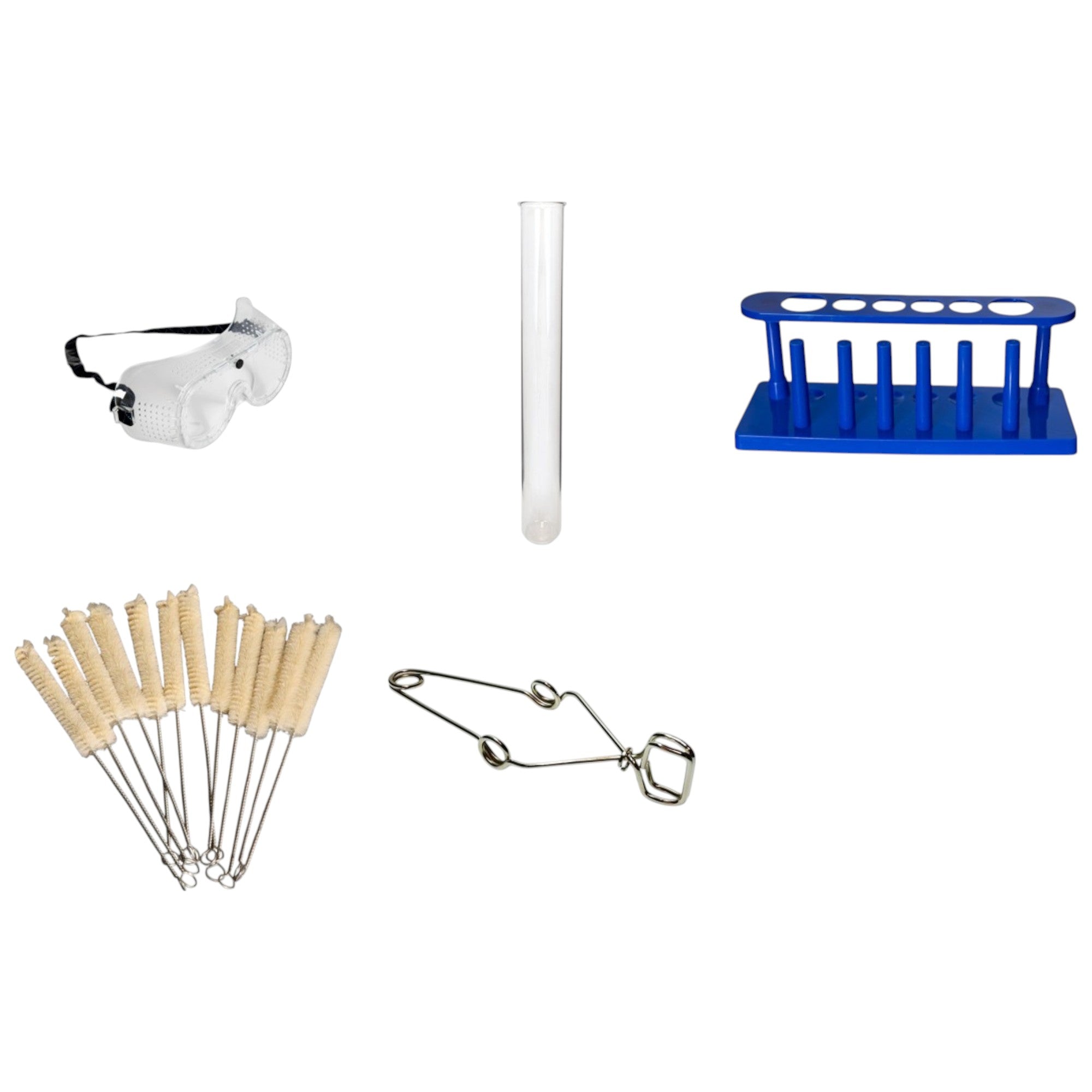 Test Tube Kit, 6-Hole Rack & Drying Pins, 72 Glass Tubes, 12 Pack Cleaning Brushes, Clamp, and Safety Goggles