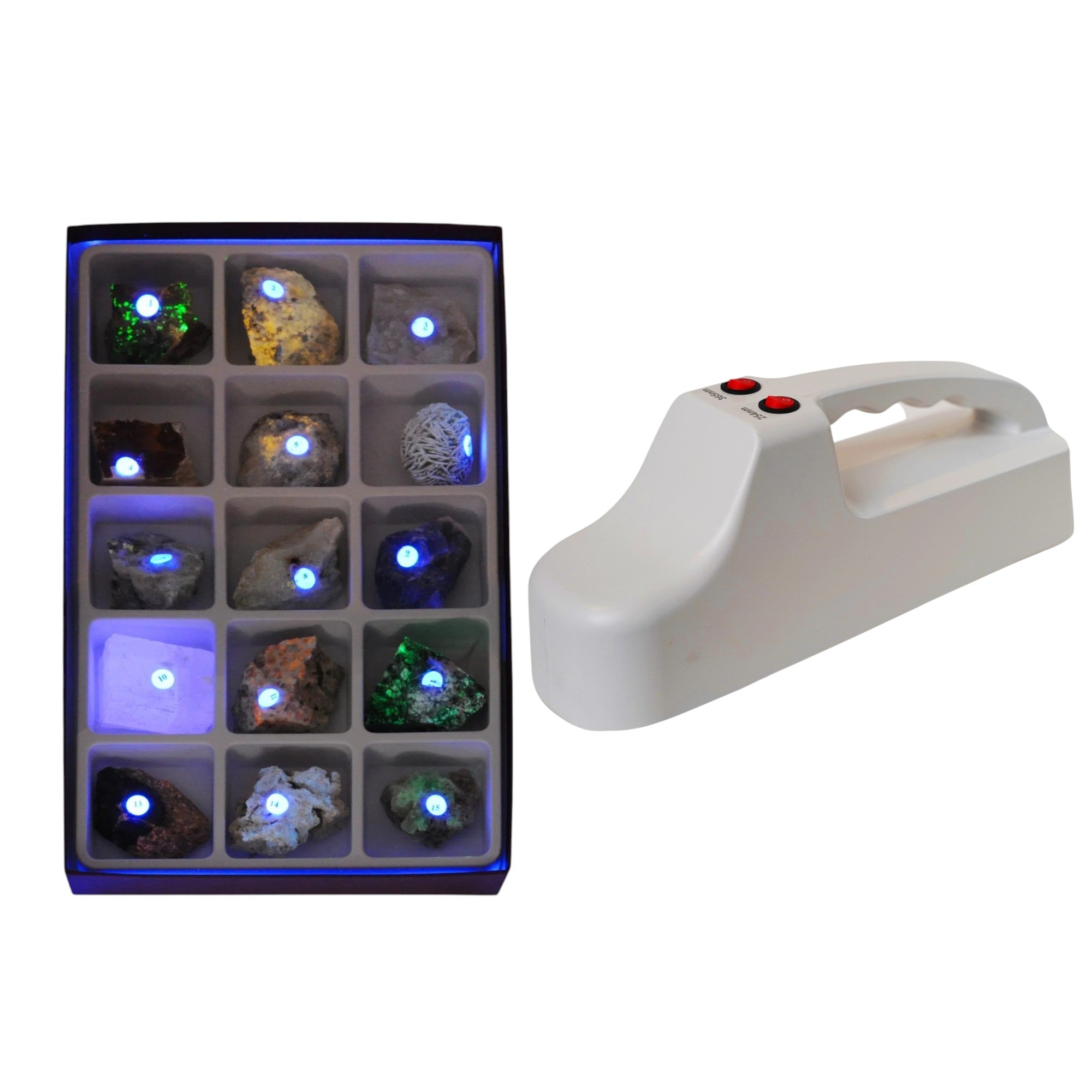 Fluorescent Mineral Specimen & UV Light Kit – Includes 15 Mineral Samples and Dual-Wavelength UV Lamp (254nm & 365nm) – STEM Geology and Earth Science Set