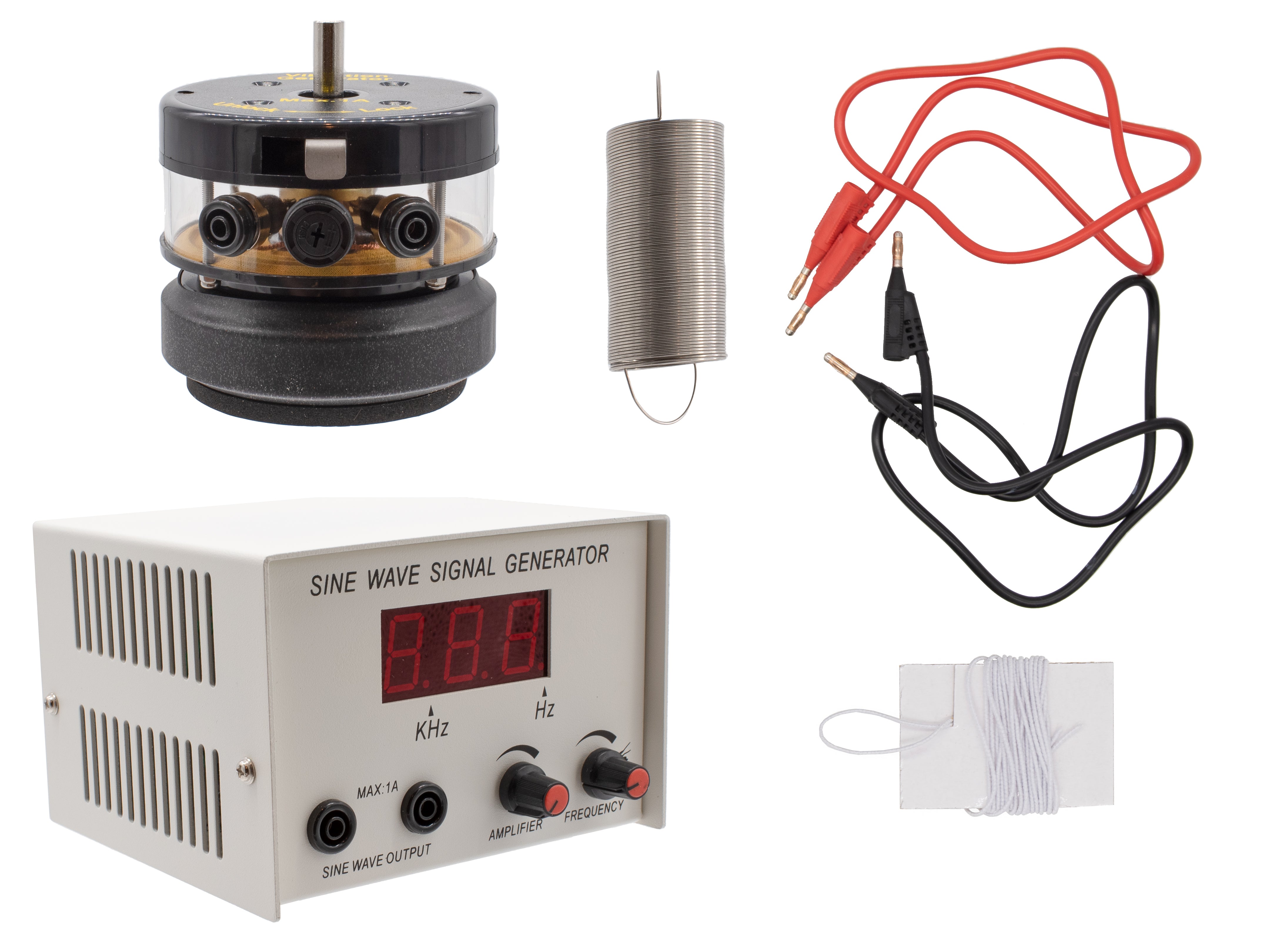 Mechanical Wave Kit Basic Set for Physical Science Experiments. Includes a frequency generator and a vibration generator, connector cords, string and a spring.