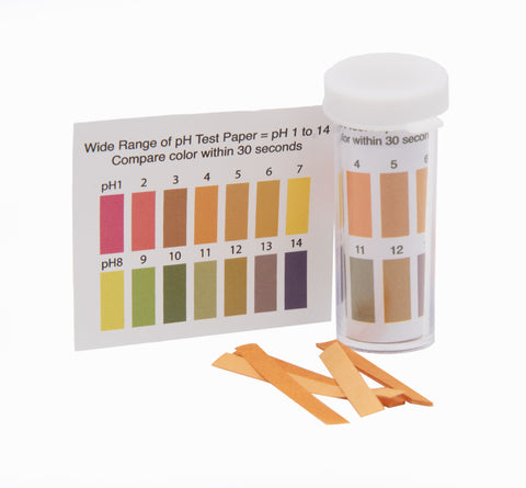 Wide-Range pH Test Paper Range 1-14, with 100 Strips. Useful in science chemistry classrooms and in labs.