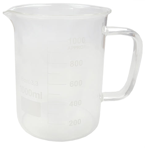 Beaker Mug 1000ml with Handle and Pour Spout Borosilicate Glass.